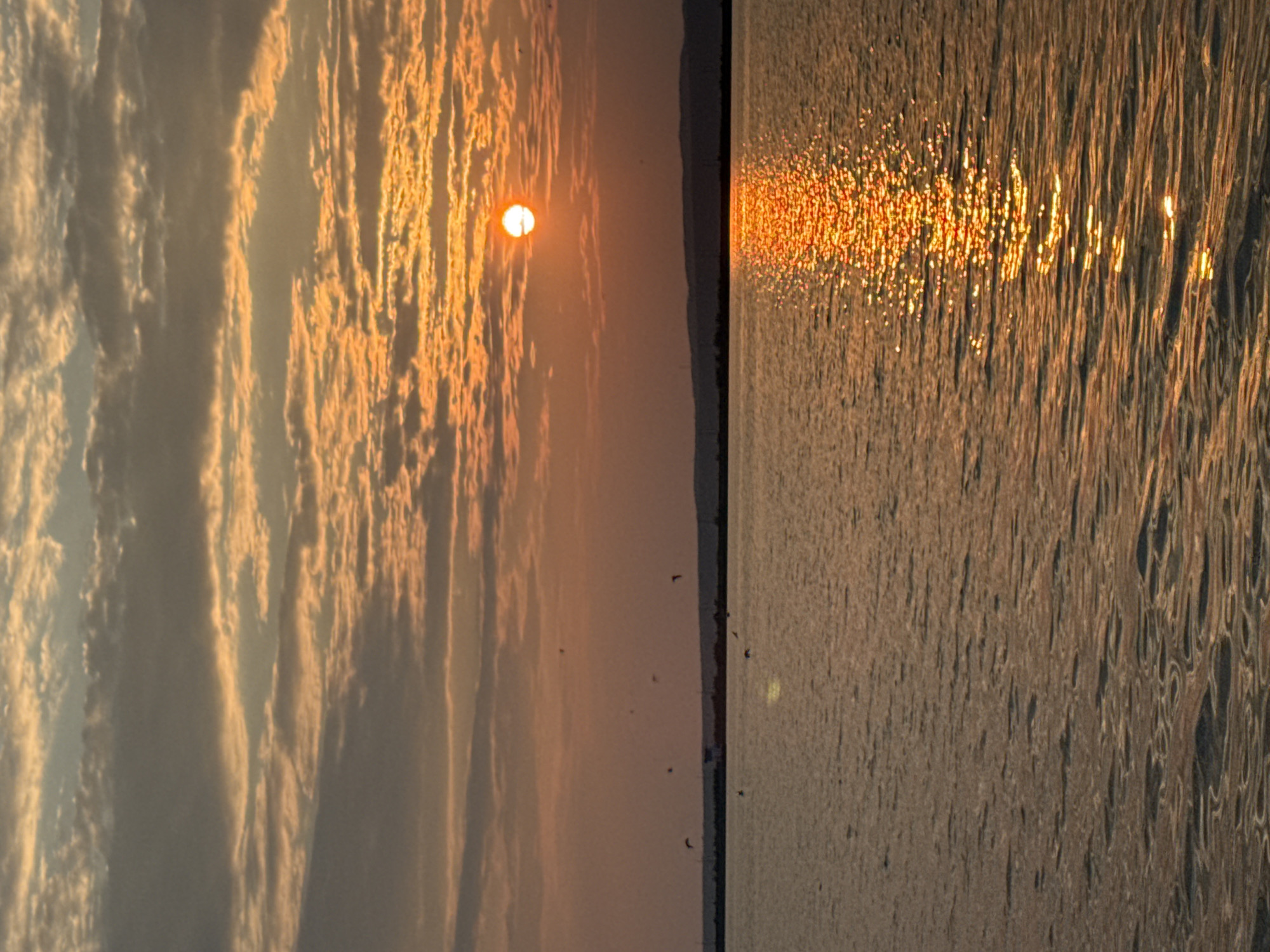 The image depicts a sunset over a body of water, likely a river or lake, with a silhouette of distant hills or land on the horizon. The sky is filled with clouds, tinged with orange and yellow hues from the setting sun, which is visible as a bright orange orb slightly off-center to the right. The water reflects the colors of the sky, with a shimmering path of sunlight stretching from the horizon towards the foreground. Several small dark shapes, possibly birds, are scattered in the sky and near the water's surface. The scene appears calm and serene, characteristic of a natural landscape at dusk. The location is identified as the city of Chaikovsky, Russia, a detail not visually verifiable from the image itself.