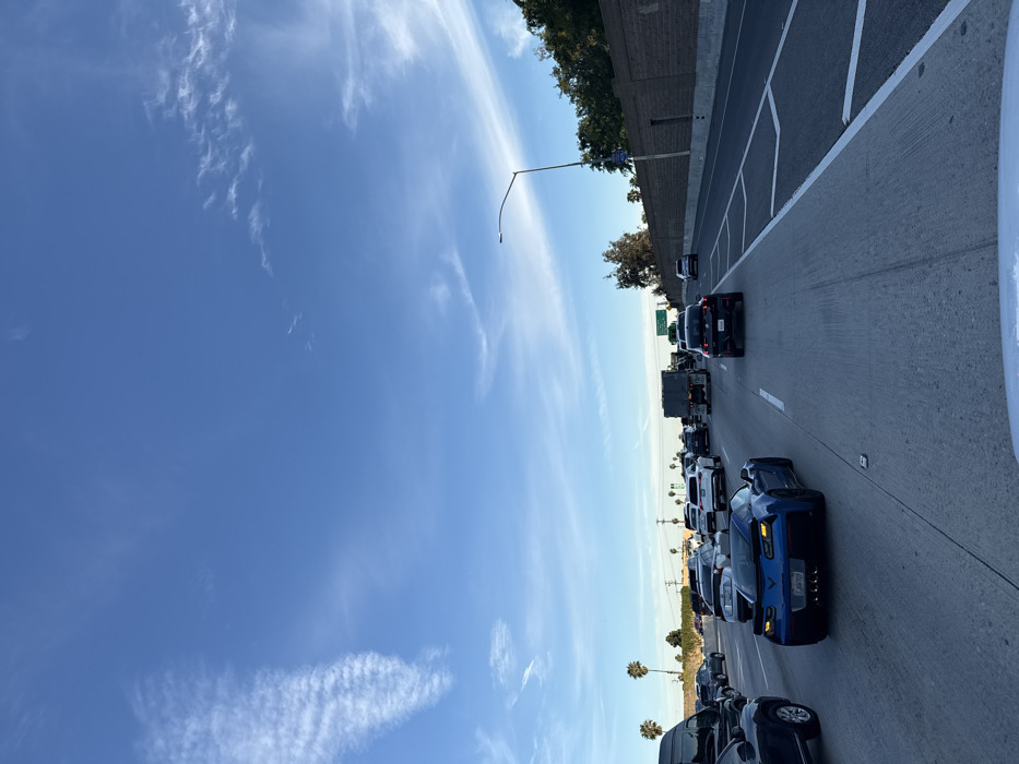 A congested freeway with numerous cars lined up in heavy traffic under a bright blue sky with wispy clouds. A concrete barrier lines one side of the road with trees and foliage visible beyond. A tall light pole stands along the roadside. Palm trees are visible in the distance. The traffic appears to be moving slowly, if at all.