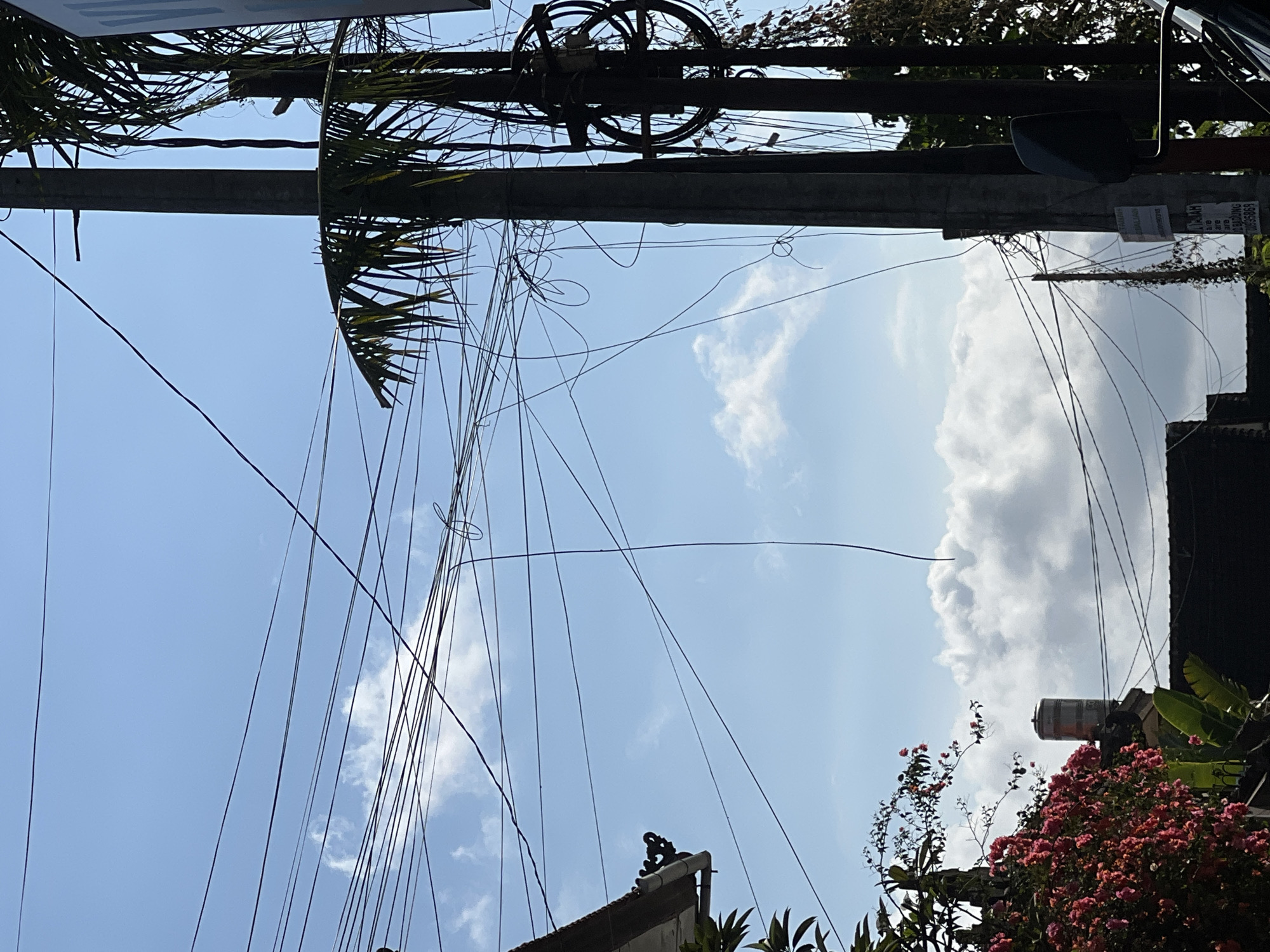 The image depicts an overhead view of a dense network of tangled electrical wires and cables against a bright blue sky with scattered white clouds. In the foreground, on the left, is a section of a building's roof with decorative eaves. Below the roofline, a vibrant cluster of pink flowers and lush green foliage is visible. Further back and to the right, a concrete utility pole stands tall, adorned with numerous wires and some hanging vines. Attached to the pole is a circular electrical component or reel. Beyond this, another utility pole is visible, and further to the right, a large black object, possibly a vehicle's side mirror, protrudes into the frame. In the distance, a water tank sits atop a structure. The scene suggests an urban or semi-urban environment in Denpasar, Indonesia, characterized by its humid climate indicated by the presence of tropical foliage and the overcast sky.