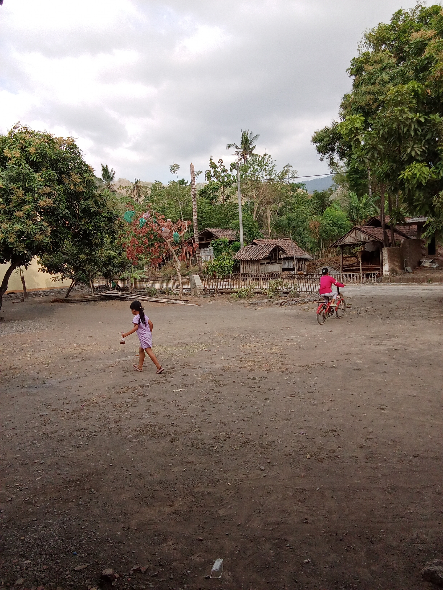 In Selowogo, Indonesia, a dirt-covered area shows two young individuals. On the left, a girl in a light purple dress walks right, holding a small, brown bag. To the right, another child, wearing a bright pink shirt, rides a red bicycle facing away from the camera. Behind them, simple structures with thatched roofs and wooden fences suggest a rural setting. Lush green trees and a cloudy sky complete the scene.