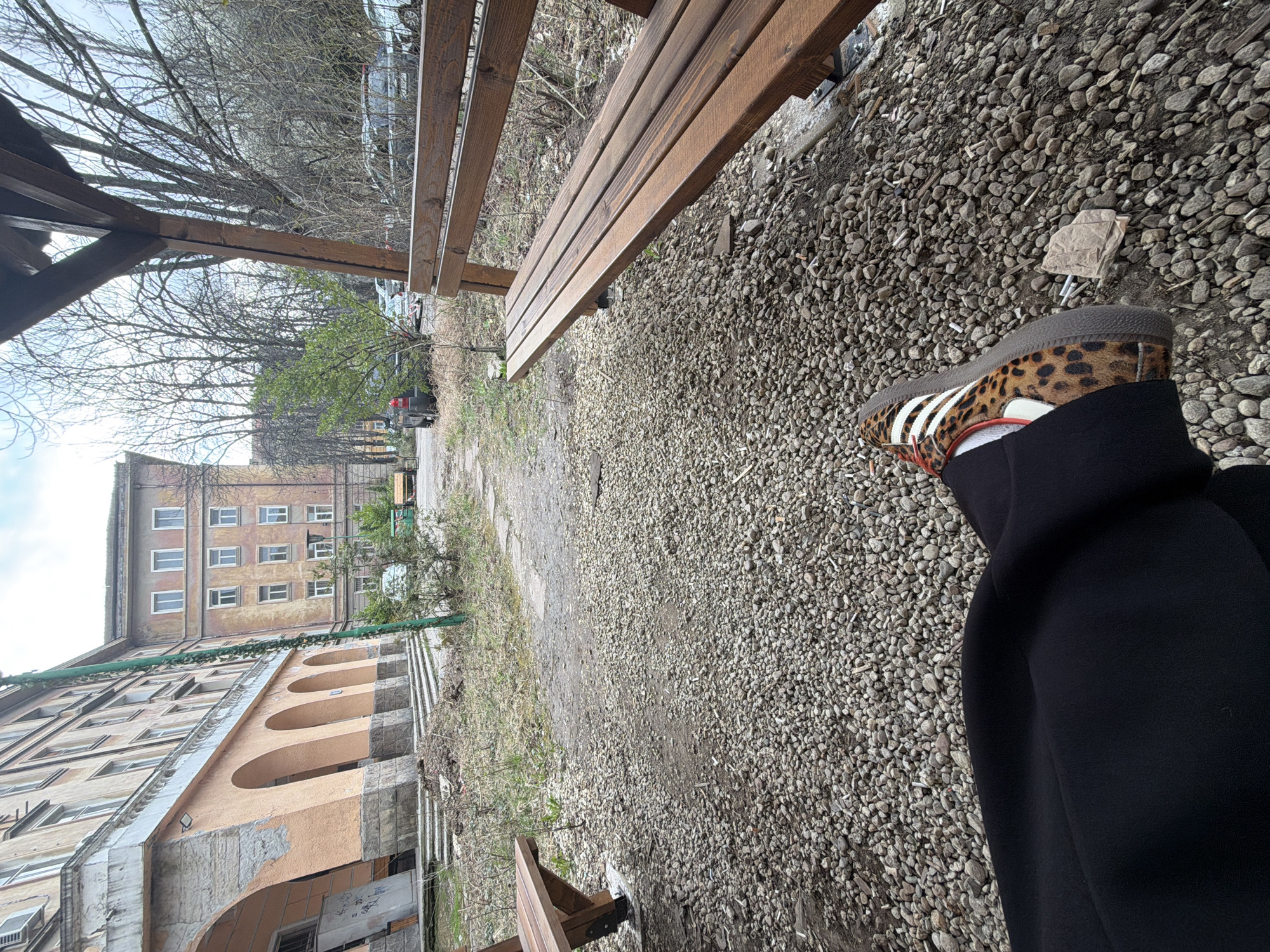 A ground-level, slightly off-kilter, outdoor shot features a gravel-covered ground and a portion of a person wearing a black coat and a leopard-print Adidas sneaker.
In the background, a weathered wooden bench is visible. The shot appears to be taken near a building with architectural features like arches. In the distance, a tall building is visible. Sparse trees surround the buildings.
The image is taken in Sofia, Bulgaria.