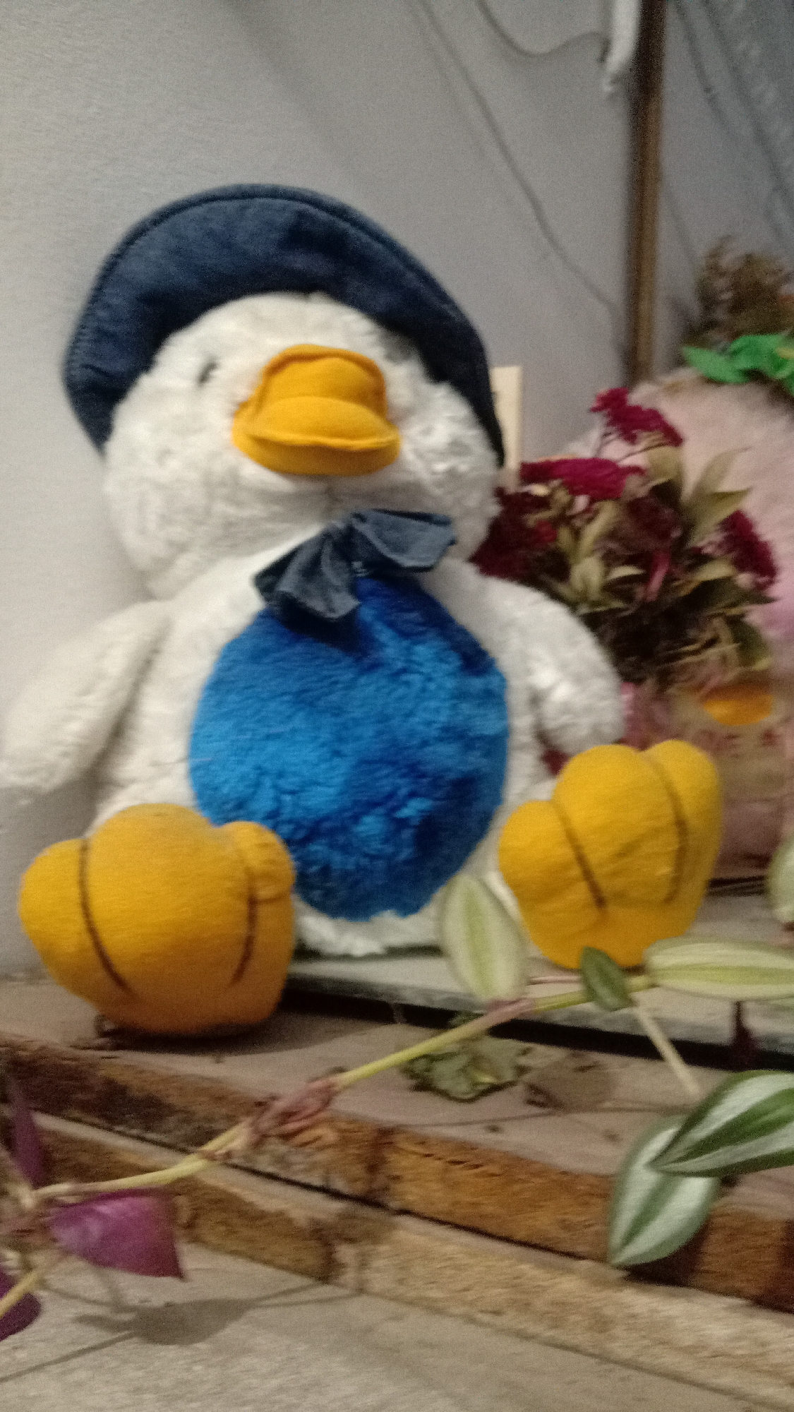 A plush toy duck with a blue hat and blue patch on its chest sits on a wooden surface. There are two yellow objects resembling feet or appendages in front of the duck. The scene includes decorative flowers and green plants, suggesting a domestic setting. The location is unknown.