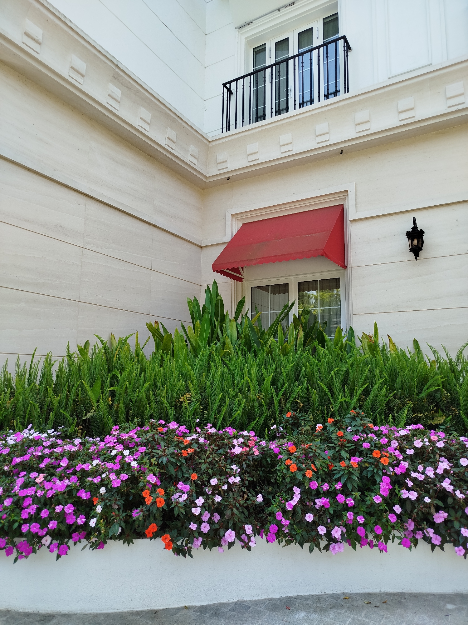 The image depicts a building facade with a flower bed in the foreground. The building is white, possibly made of stone or concrete, with a window covered by a red awning and a small balcony on the upper floor. The flower bed contains a mix of green ferns and colorful flowers in shades of pink, purple, and orange. An ornate, dark-colored light fixture is mounted on the wall near the window.
The location is Da Lat, Vietnam.