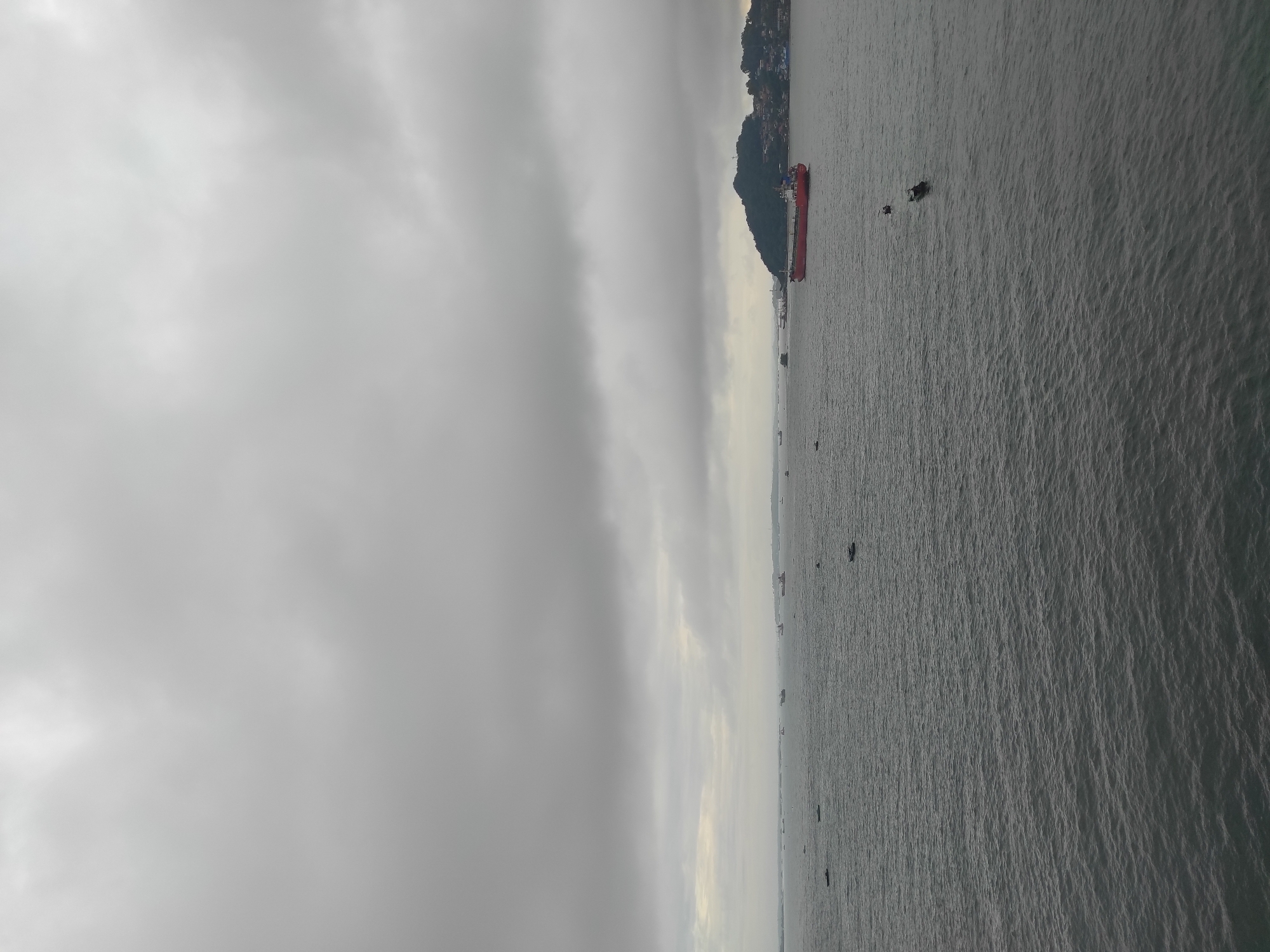 The image depicts a wide, overcast view of a body of water, likely a bay or harbor, dotted with numerous vessels of varying sizes. In the distance, a hilly coastline is visible, with buildings clustered on its slopes. A prominent red cargo ship is sailing across the water, closer to the coastline. Smaller boats, including what appear to be fishing boats or small utility vessels, are scattered throughout the scene. The sky is heavily clouded, creating a muted, gray light that reflects on the choppy water. The overall impression is one of a busy maritime environment under a somber sky.