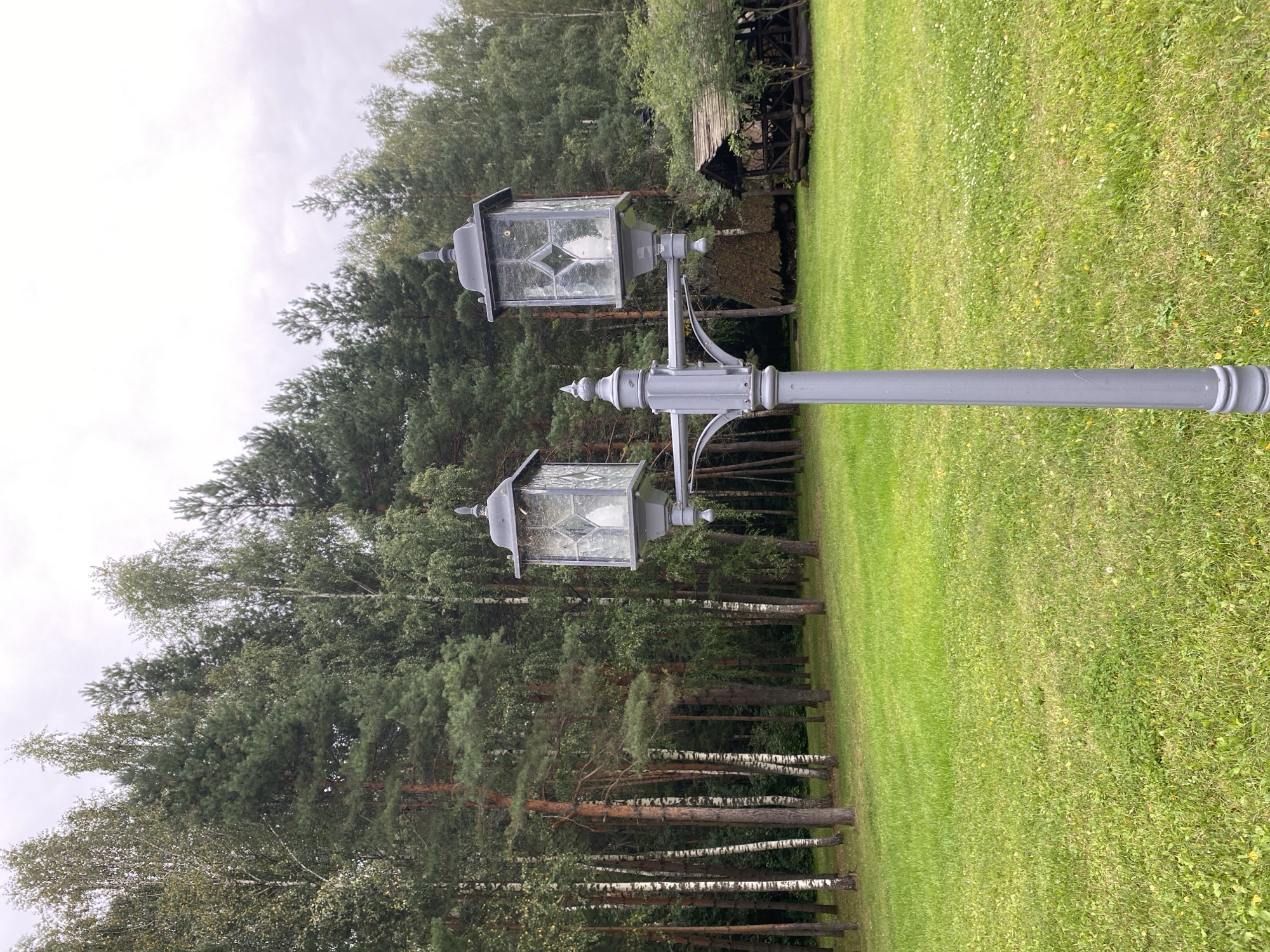 The image shows an outdoor scene with a gray, two-headed lamppost in the foreground. The lamppost has decorative elements and glass lanterns. Behind the lamppost, there is a large grassy area. In the background, there is a dense forest with a mix of pine and birch trees. To the right of the lamppost, partially visible, is a rustic wooden structure, possibly a gazebo or shelter, with a thatched or straw roof. The sky is overcast. The image appears to be taken in Chulis, Russia, based on the context provided. There are no people or animals visible in the image, and no discernible actions or interactions are taking place. The environment is natural and serene.