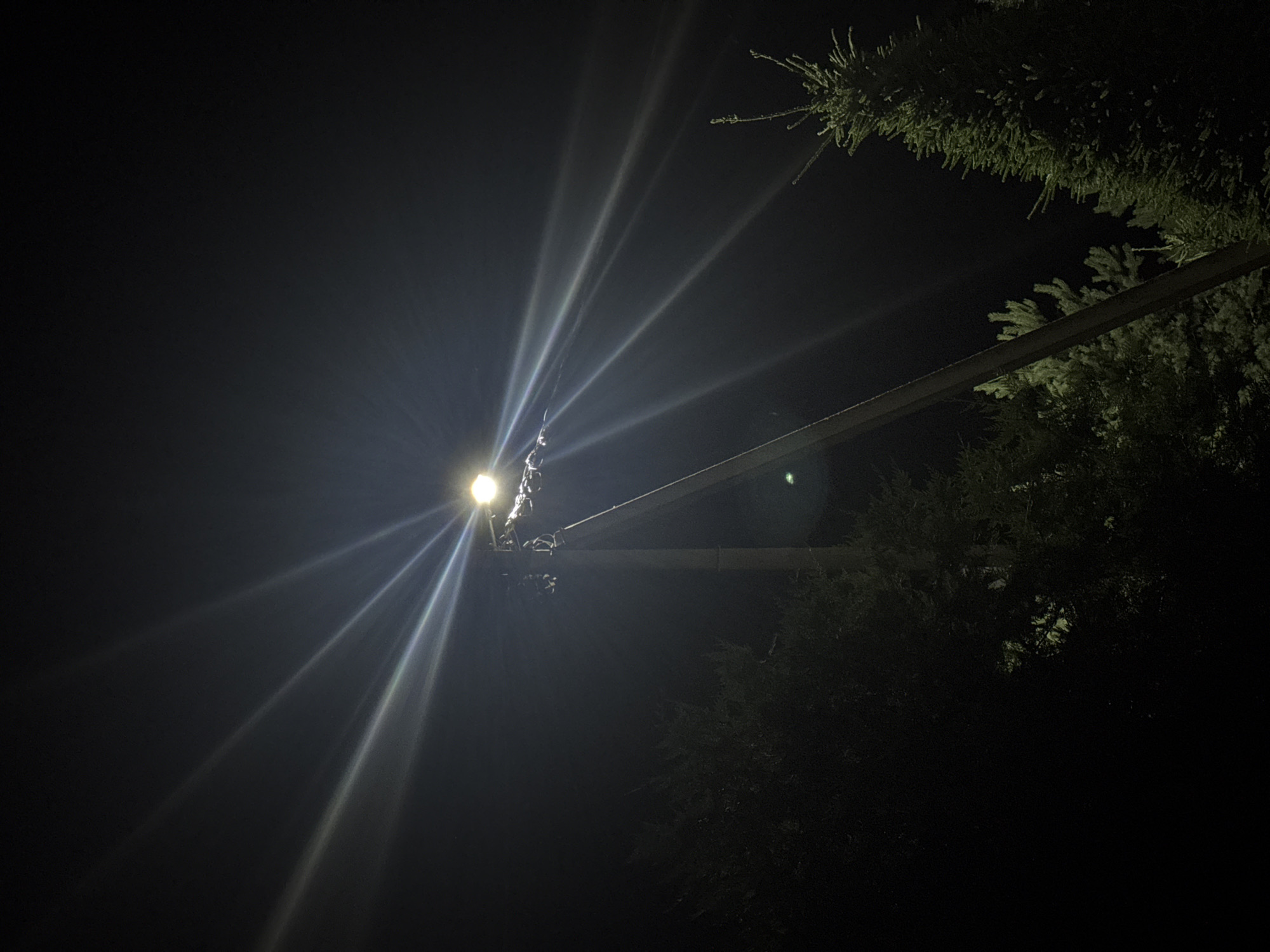 A street lamp with a bright light source illuminates the night sky, casting long, starburst-like rays of light. The lamp is mounted on a tall, wooden pole. In the foreground, dark silhouettes of coniferous trees are visible on either side of the pole, with the needles of the trees catching some of the light. The background is a deep, dark night sky. The scene appears to be an outdoor public space in the Нёманскі сельскі Савет, Belarus.