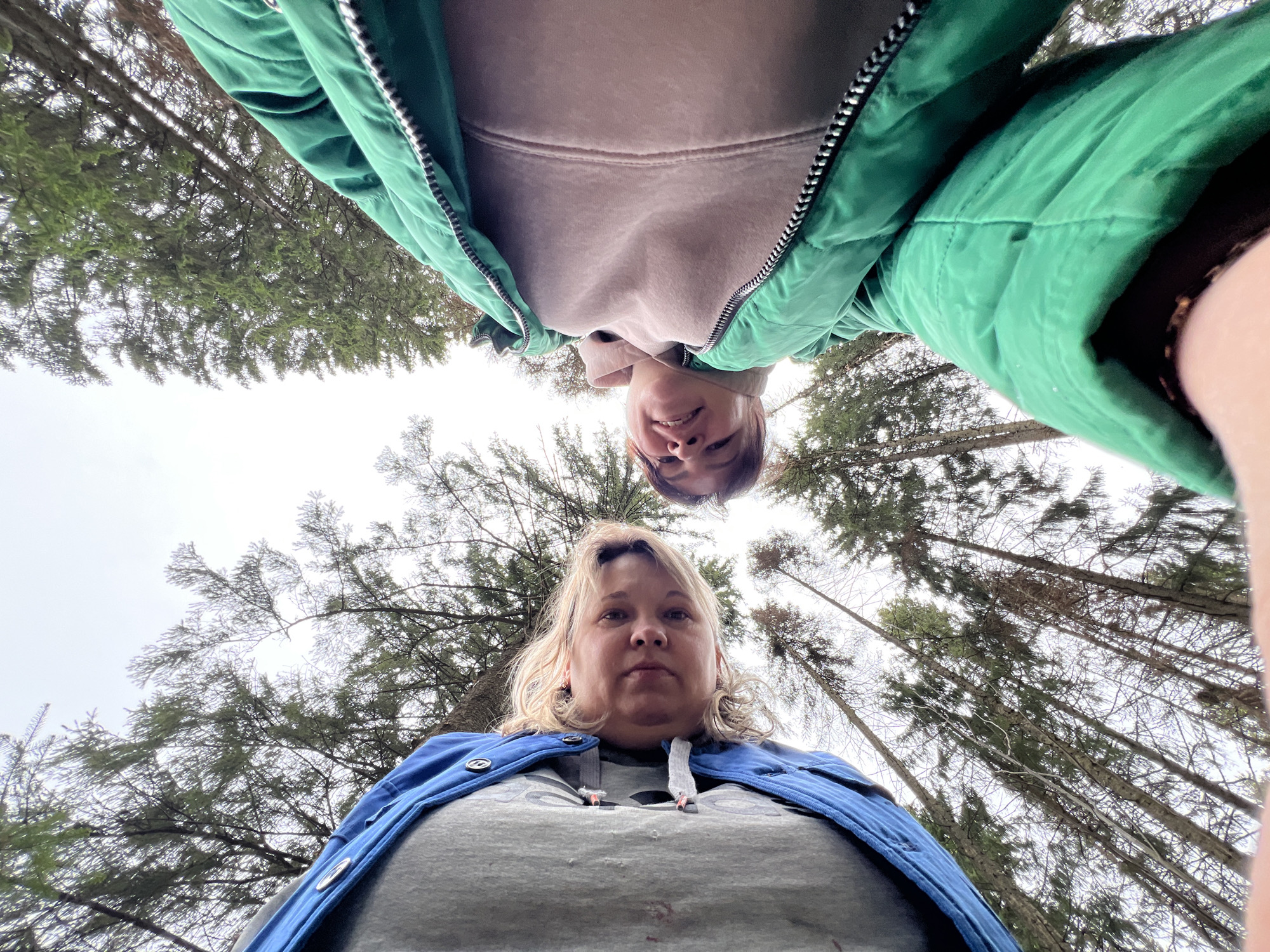 The image depicts two individuals standing outdoors in a wooded area. The perspective is from below, looking upwards. The individual in the foreground is a woman with blonde hair, wearing a gray shirt and a blue jacket. The second individual, above and slightly behind her, appears to be wearing a light pink hoodie and a green jacket. Trees surround the subjects, reaching towards the sky. The weather appears overcast. The exact location is Bol'shakino, Russia. There are no visible buildings or other man-made structures. The interactions between the people are indistinguishable.