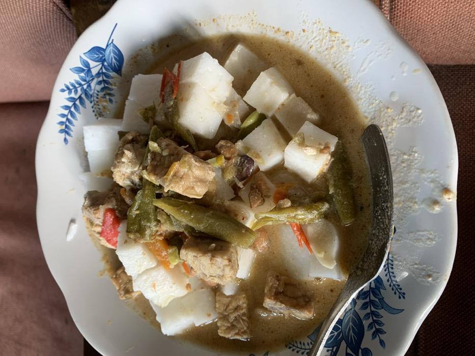 The image displays a close-up, overhead view of a plate filled with an appetizing dish, likely an Indonesian or Southeast Asian meal. The main components of the dish are white, square-cut pieces of what appears to be compressed rice (such as lontong or ketupat), immersed in a creamy, light brown-beige colored gravy or sauce.
Mixed within the sauce and rice cakes are various ingredients. Prominently visible are several pieces of light brown, textured cubes, characteristic of tempeh. There are also long, green vegetables, resembling green beans or snake beans, scattered throughout the dish. A few slices of red chili add a touch of color and suggest a spicy element. Other smaller, indistinct vegetable pieces can also be seen. The sauce appears rich and slightly thick, clinging to the ingredients.
The food is served on a white plate with a distinctive blue and white floral or leafy pattern decorating its rim, visible on the upper left side of the plate and also on the handle of the spoon. A silver spoon is partially submerged in the food on the right side of the plate, with its patterned handle resting on the plate's edge. Some residue or splatters of the sauce are visible on the clean rim of the plate, especially on the right side, indicating that the meal might have been in the process of being eaten or recently served.
The background is out of focus, showing a warm, reddish-brown fabric, possibly a tablecloth or sofa, suggesting an indoor setting. The lighting is bright and even, highlighting the textures and colors of the food. The overall impression is that of a traditional and hearty meal.