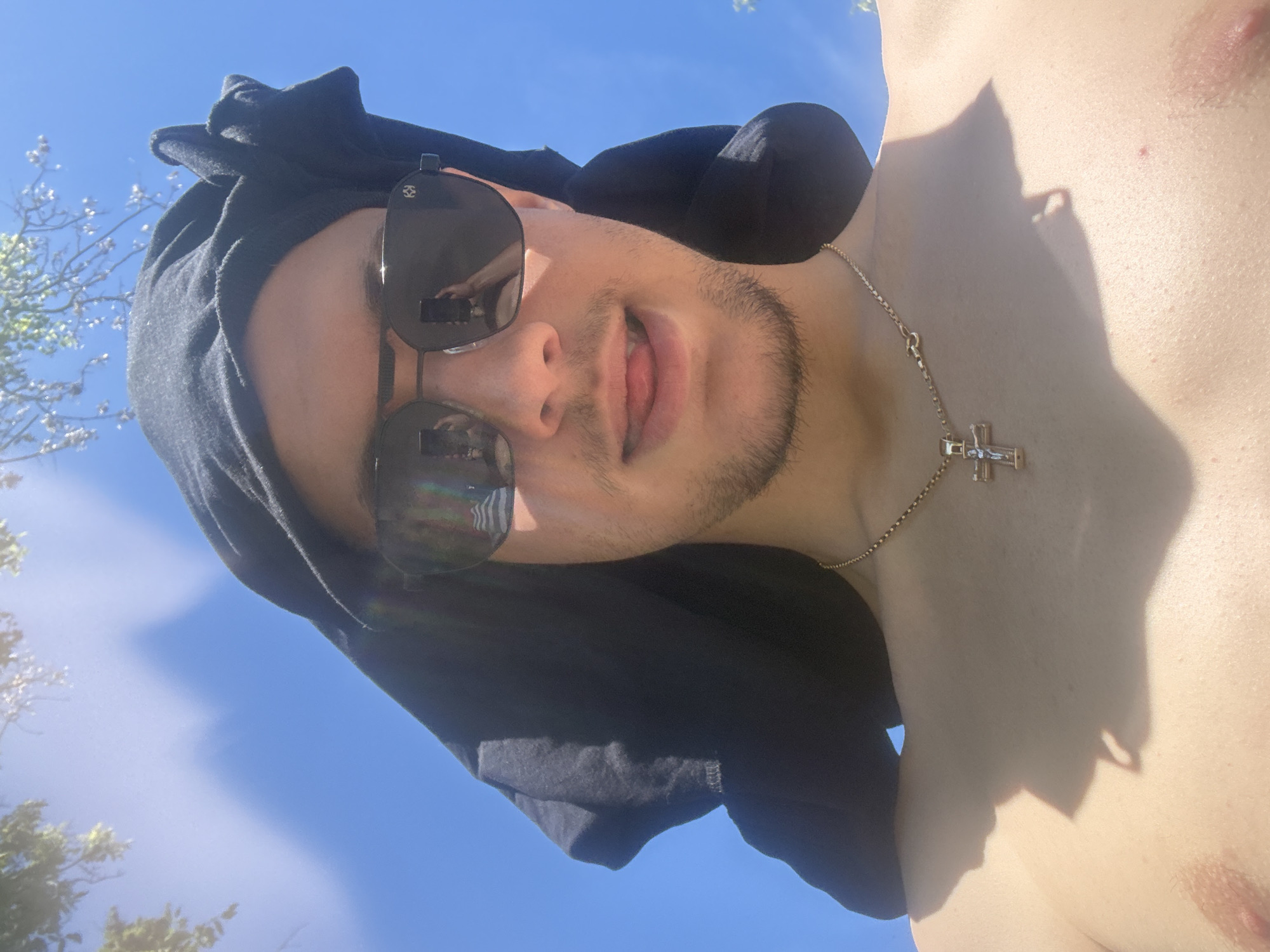 A medium shot depicts a fair-skinned person wearing black sunglasses and a black hooded garment. The person also wears a gold chain with a cross pendant. The person has short, dark hair and a short beard. The background shows a clear blue sky and tree branches with white blossoms. The photograph's perspective suggests it was taken from a low angle, looking upwards. The location cannot be ascertained from the image.