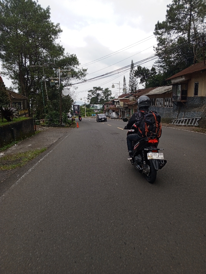 The scene depicts a rear view of an individual operating a black scooter on an asphalt road in Ciloto, Indonesia, under an overcast sky. The scooter operator wears a black full-face helmet, a dark long-sleeved garment, dark trousers, and a prominent black and orange backpack. The scooter's rear features illuminated red taillights and an Indonesian license plate, "Z 4333 DBR," with an expiration date of March 2029. The road, devoid of clear lane markings in the foreground, extends into the distance where a dark sedan and several other motorcycles are visible, some appearing to travel in the opposite direction. An orange traffic cone rests on the left shoulder of the road further ahead. To the immediate left, a concrete barrier with vegetation gives way to a tall pine tree and a multi-lamp street light. To the right of the road, a series of single to two-story buildings, consistent with commercial or residential structures, line the street, some displaying stone or brick facades. A white step ladder leans against a stone retaining wall adjacent to one of these buildings. Overhead, multiple utility poles support a network of power lines. Dense green foliage and additional pine trees are visible along both sides of the road and in the distant background.