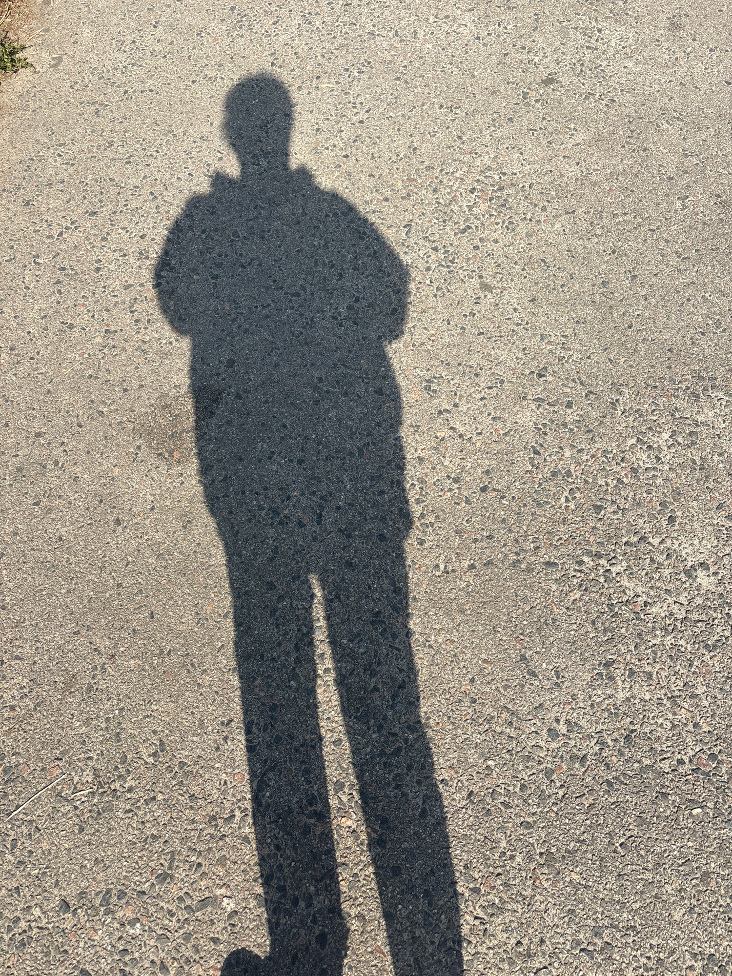 The image is a shadow of a person standing on asphalt. The shadow is cast on a light gray, textured surface composed of small stones and gravel. The shadow depicts a person with a rounded head, broad shoulders, and legs. The person appears to be wearing a hooded jacket. The lighting suggests it is daytime, with the sun casting a distinct shadow. There is a small patch of green vegetation on the upper left of the image. The location is the city of Cherkasy, Ukraine, specifically on an asphalt surface, possibly a sidewalk or road.