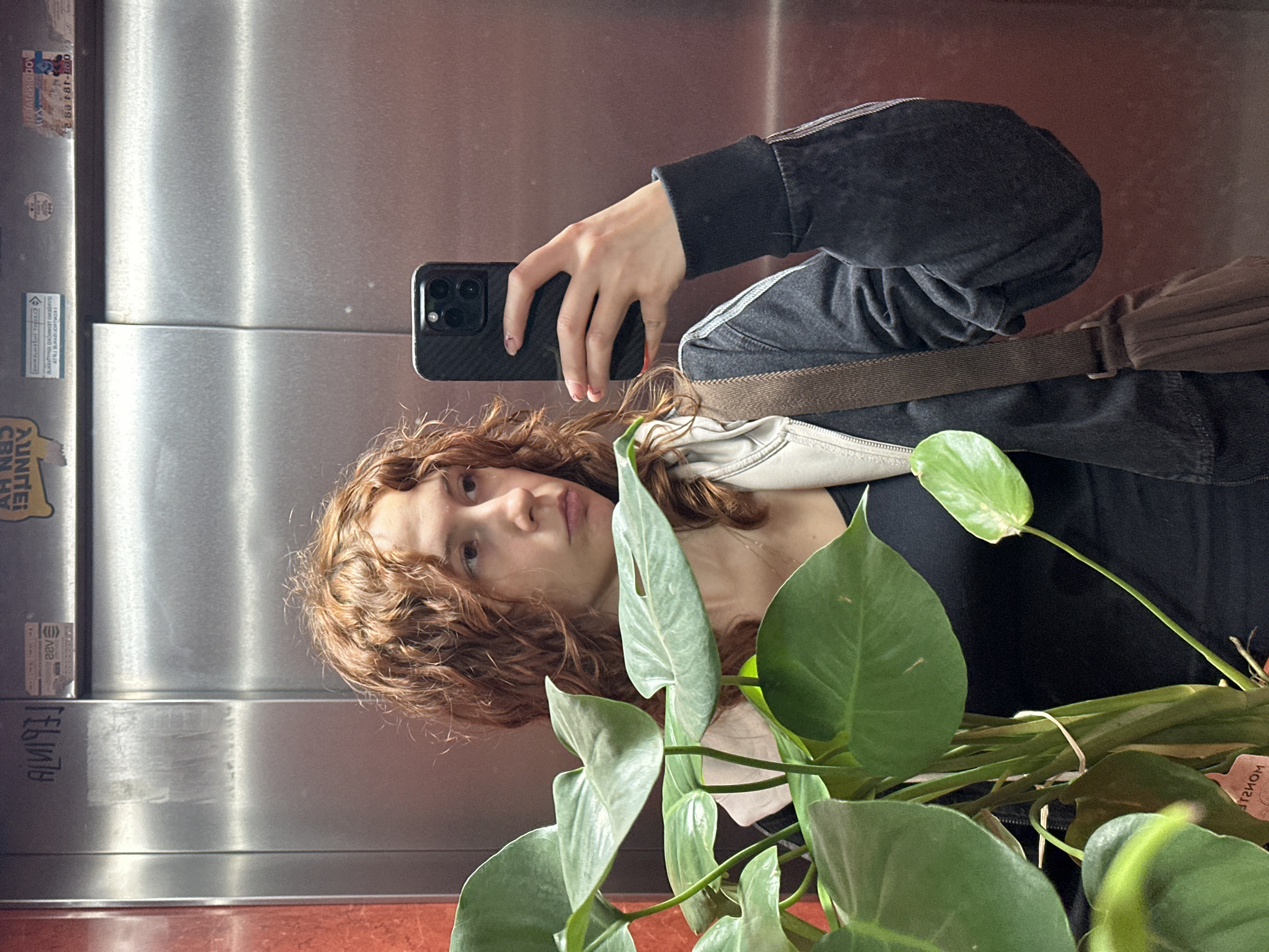 A young woman is taking a selfie in an elevator. She is holding a black smartphone in her right hand. The elevator is lined with a stainless-steel interior, and stickers are visible on the walls, which indicate the location is likely Novi Sad, Serbia. The woman has curly red hair and is wearing a black jacket. A leafy green plant is positioned in front of her. She is also wearing a satchel bag across her body.