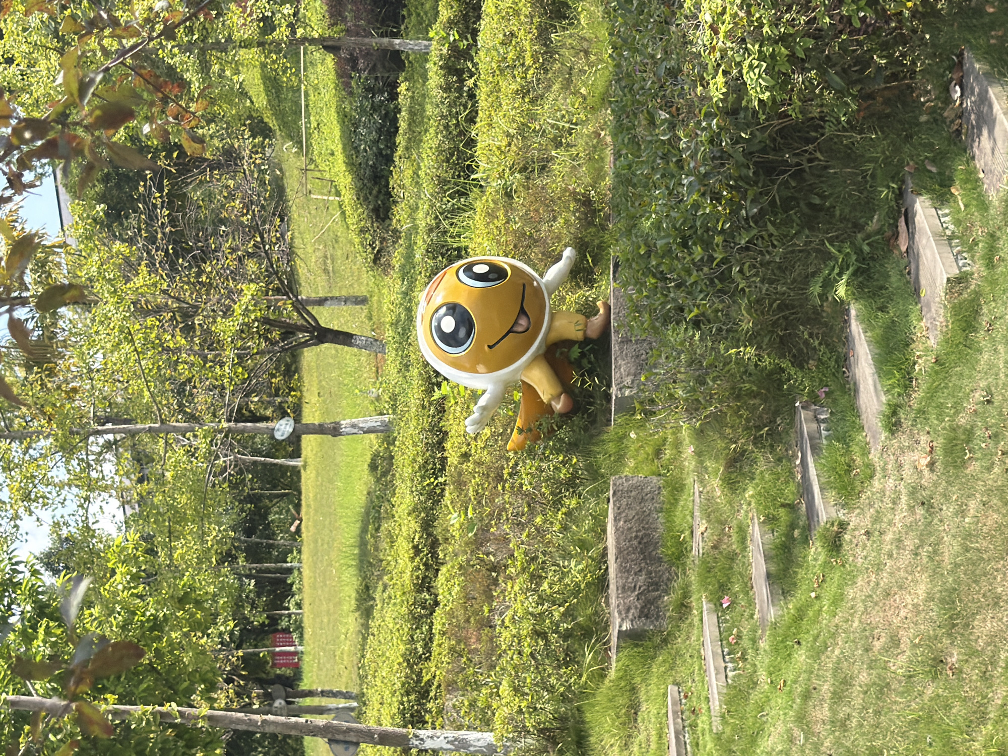 The image shows an outdoor park scene in Jiangjin, China, on a sunny day. In the foreground, there are stone steps leading up a grassy incline. To the right of the steps, a yellow cartoon-like statue with large eyes and a cheerful expression is visible, positioned on a stone ledge amidst dense green foliage. The background features a gently sloping hill covered in grass and various trees with green and yellowing leaves, suggesting it might be autumn. The lighting indicates it is daytime, with sunlight casting shadows and highlighting the greenery. The overall impression is a peaceful, well-maintained park.