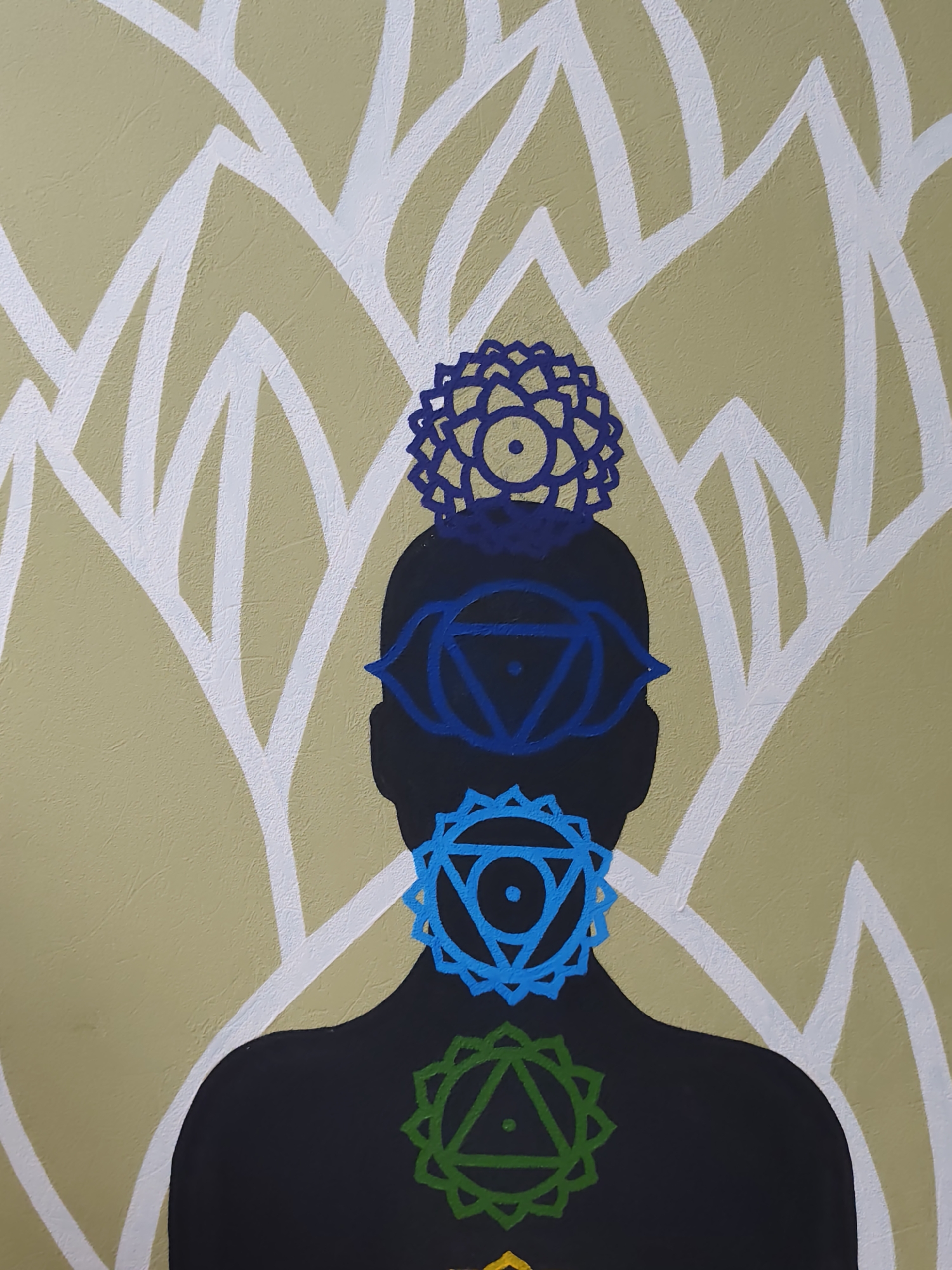The image is a close-up, vertical shot of a painting, likely a mural or canvas, featuring a stylized silhouette of a human head and upper torso. The background is a textured, pale yellow with a pattern of thick, white, stylized leaf-like shapes. On the silhouette, starting from the top of the head and moving down, are three prominent chakra symbols. The topmost symbol, on the head, is a deep blue, intricate, circular design resembling a lotus with many petals. Below that, on the forehead area, is a larger, bright blue symbol that appears to be an eye within a triangle, also with a central circle. Further down, on the throat area, is another deep blue, circular chakra symbol, this one with fewer, sharper petals and a central circle. Towards the bottom of the visible torso, a green chakra symbol is depicted, a triangle within a circle with petals. A sliver of a yellow symbol is visible at the very bottom edge. The silhouette itself is a solid black. The painting is abstract and symbolic, representing spiritual or energy concepts. The location in the city of Sochi, Russia, is not discernible from the visual information provided in the image.
