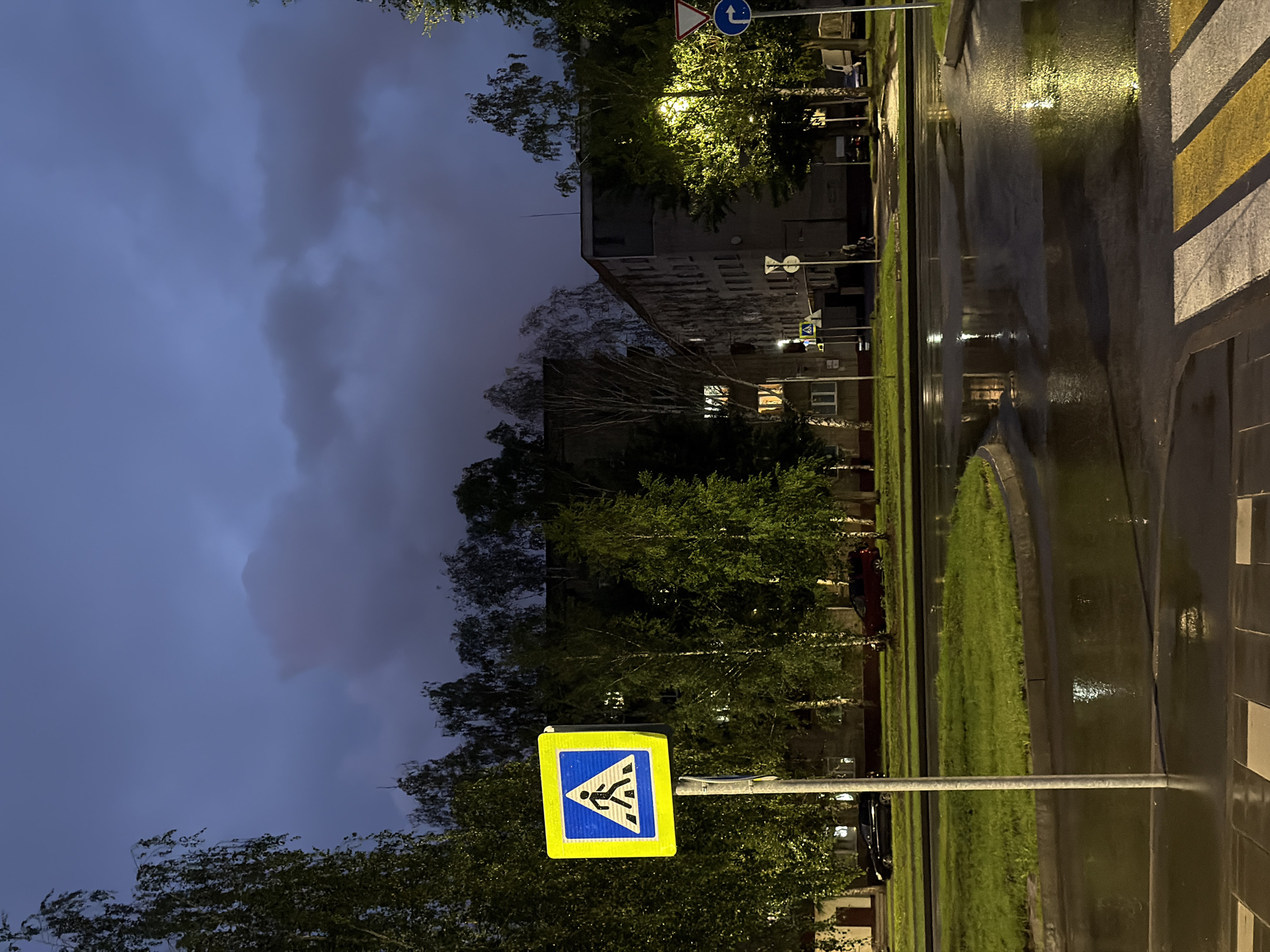 The image depicts a street scene in Nizhnekamsk, Russia, at dusk or night. The sky is dark and cloudy, with a hint of purple and gray. A pedestrian crossing sign, a blue square with a white border and a white silhouette of a person walking, stands prominently on the left side of the frame. Trees with lush green foliage line the street, some illuminated by streetlights. In the background, there are multi-story apartment buildings, their windows showing some interior lights. The street and sidewalk are wet, reflecting the lights from the buildings and trees, suggesting recent rain. A pedestrian crossing with yellow and white stripes is visible in the foreground. Cars are parked or driving on the street.