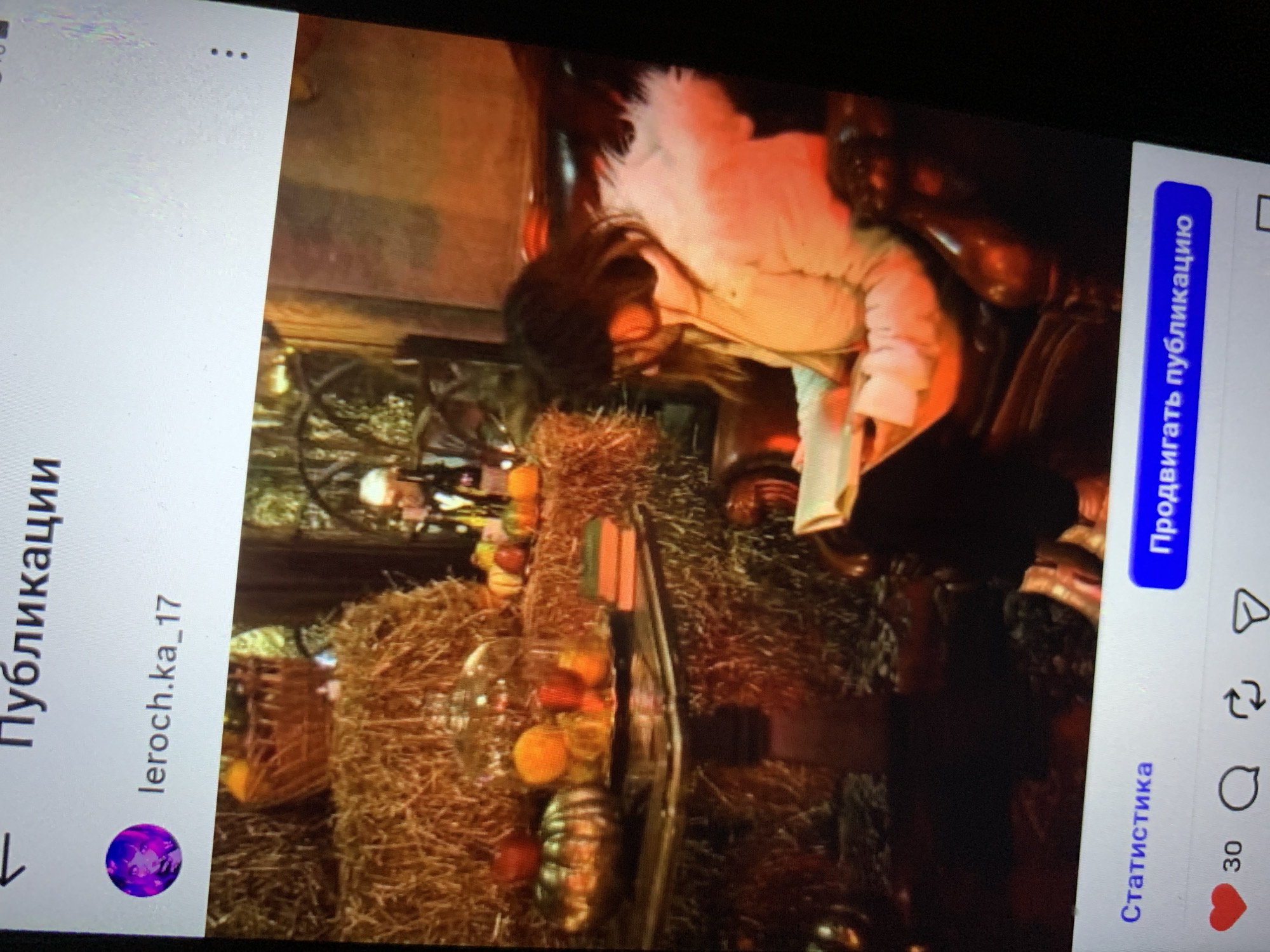 The image depicts a screen displaying a social media post. At the top, the word "Публикации" (Publications) is visible. Below that, a profile picture and the username "leroch.ka_17" are shown. The main content of the post is a photograph of a woman sitting in a chair, reading a book. She is wearing a light-colored jacket with a white fluffy trim around the hood. The background of the photograph features hay bales, decorative pumpkins, and a glass dome over some fruit. The bottom of the screen shows "Статистика" (Statistics) and a button labeled "Продвигать публикацию" (Promote publication). There is also a heart icon with the number "30" next to it, indicating likes. The scene does not provide any information about the location within the city of Lymanka, Ukraine.