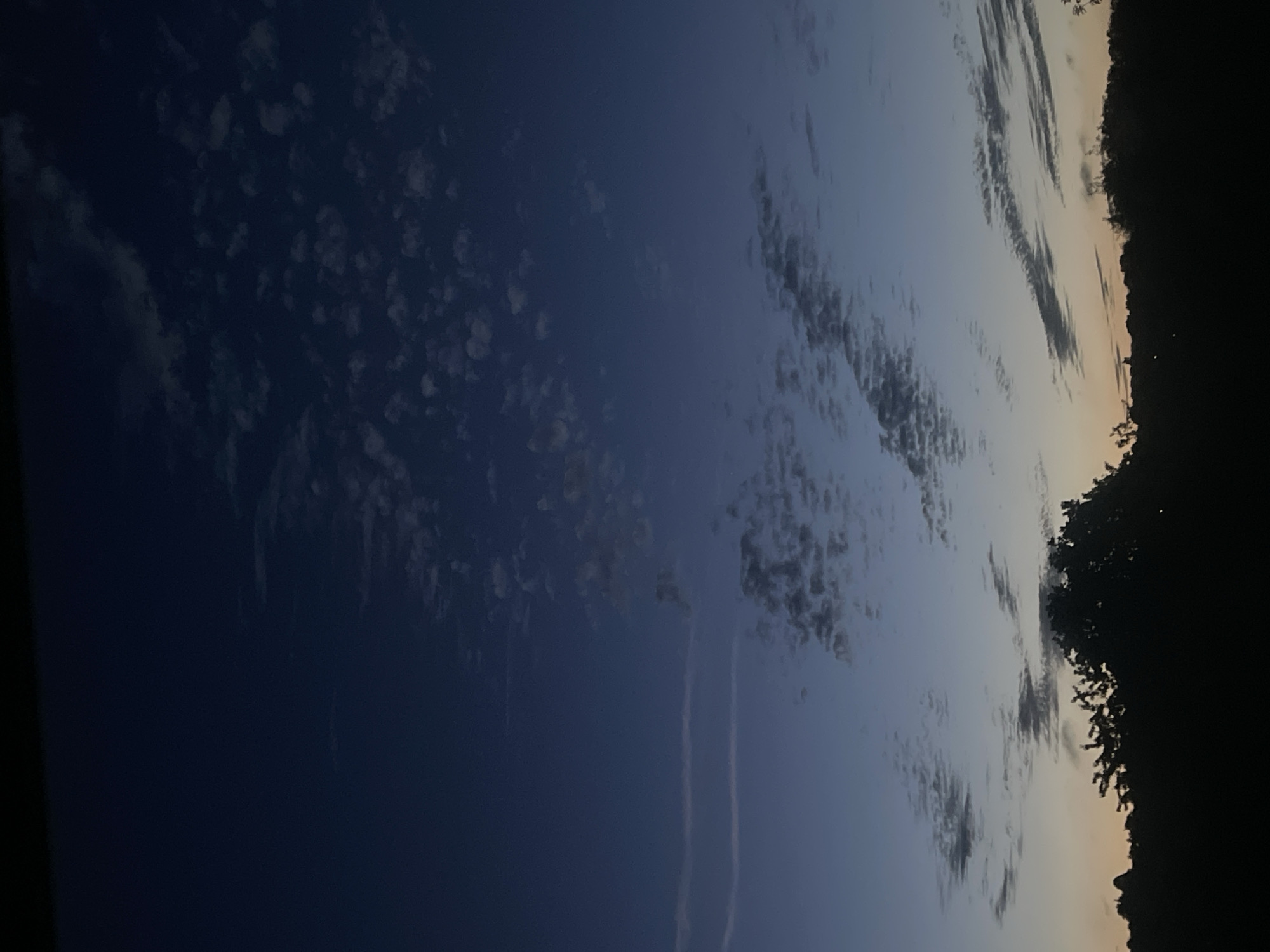 The image depicts a twilight sky over a silhouetted landscape. The sky transitions from a deep indigo at the top to a lighter blue, with hints of pale yellow and orange near the horizon. Scattered clouds are visible in various formations, some appearing as small, wispy patches, others as elongated streaks. The lower portion of the image is dominated by the dark silhouette of trees and vegetation against the fading light. No specific landmarks or details identifiable to Maidstone, United Kingdom are present in this general view of the sky and horizon. There are no people, actions, or interactions depicted.