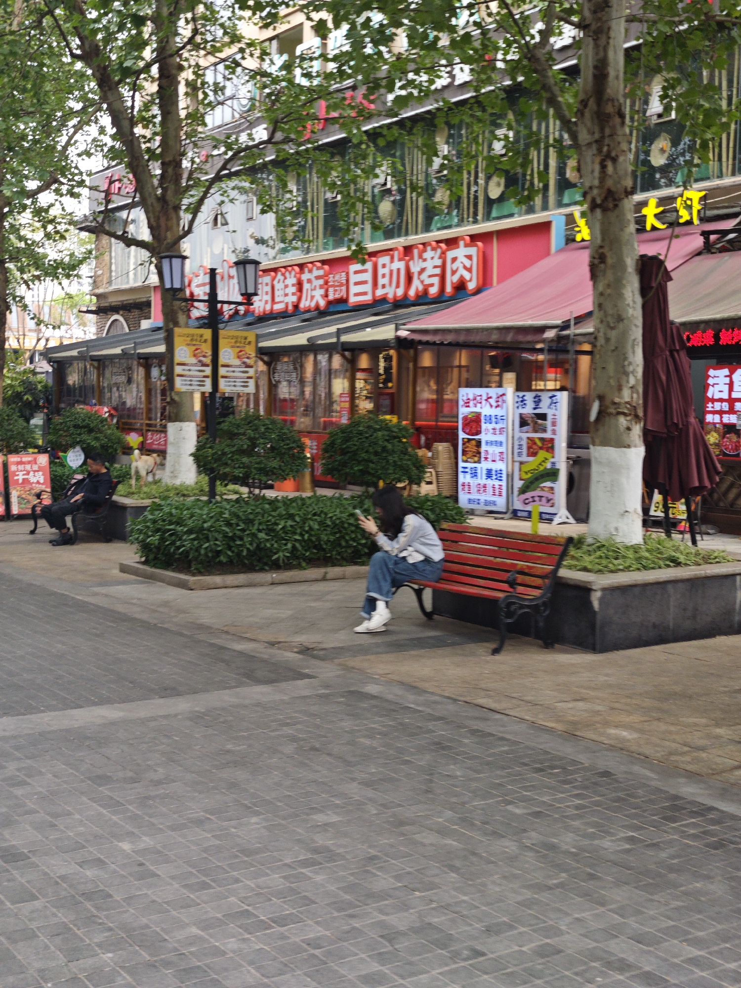 The image shows a street scene in the city of Chongqing High-tech Zone, China. In the foreground, a young woman in jeans and a light-colored jacket sits on a red bench, looking at her mobile phone. A man in dark clothing sits on a bench further down the street, to the left. Behind the benches, there are rectangular planters with trees and bushes. In the background is a restaurant with signs in Chinese characters. The signs translate to "Korean BBQ Restaurant" and "Freshly Cooked Dry Pot." There is a sign in front of the woman that has a sign for "Live Fish Restaurant" and "Shrimp". The street is paved with gray, patterned stones. There are street lamps and umbrellas visible among the trees and buildings.