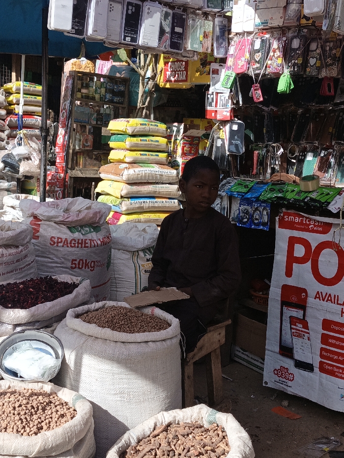 The image displays an outdoor market stall in Kawaji, Nigeria. A young male, dressed in a dark long-sleeved shirt, is seated on a small wooden stool in the lower center-right, holding a piece of light brown cardboard. In the foreground, several open white sacks are visible, containing various dry goods: one holds dark red dried hibiscus flowers, another contains light brown beans, and two partial sacks in the bottom foreground hold light brown, irregularly shaped granular items. A metal bowl with a white powdery substance is present. A large white sack marked "SPAGHETTI 50kg" is positioned behind the hibiscus. In the background, stacks of large sacks, predominantly yellow and white, labeled "GERAWA PREMIUM RICE" and other text, are visible. Above these, numerous mobile phone cases of various colors and models, along with packaged accessories like chargers and earphones, hang from an overhead display structure. A yellow sign reading "CHOOSE THE STAR" is also present. On the right side, a white banner for "smartcash" by "Airtel" is partially visible, stating "POS AVAILABLE HERE." The scene is brightly illuminated by natural sunlight, indicating an open-air market setting.