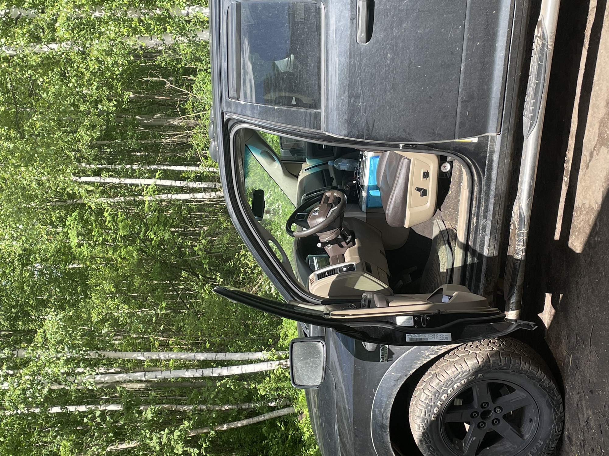 An open-doored, dark-colored pickup truck is parked outdoors amidst a dense forest. The truck's interior is visible, showing a brown leather driver's seat, steering wheel, and dashboard with a screen. A blue cooler is present on the floor of the passenger side. The exterior of the truck is dusty. The background consists of a thick growth of birch trees with white bark and lush green foliage. The ground appears to be dirt and loose earth.