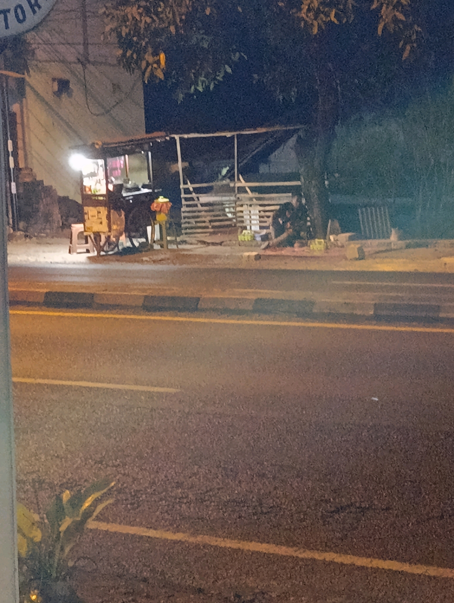 A street scene in Karangsono, Indonesia at night features a food stall set up on the side of a road. The stall has a bright overhead light illuminating its contents, which appear to include various bottles and containers. A small white stool is placed in front of the stall, and a red and yellow object, possibly a decorative item or a piece of fruit, rests on a stand to the right of the stall. Two individuals are visible near the stall. One person, dressed in dark clothing, is seated on the ground to the right of the stall, near a tree. Another person, also in dark clothing, is standing behind the stall, partially obscured by it. The road in the foreground has painted yellow and grey lines, and a small plant is visible in the lower left corner. The background consists of buildings, trees, and a dark, shadowy environment typical of nighttime.