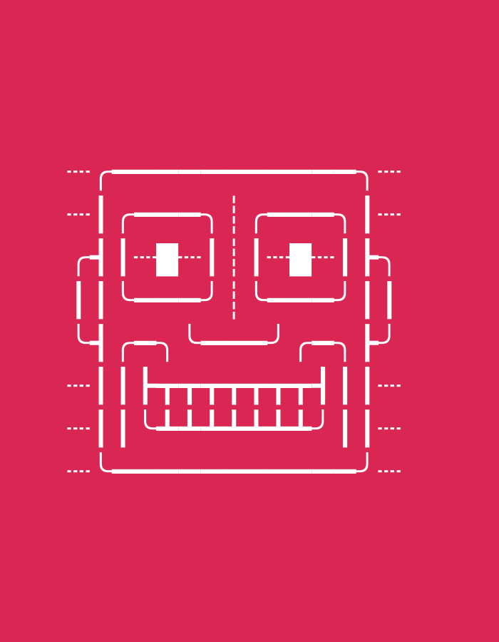 The image shows a minimalist, white line drawing of a robot's face on a solid pink background. The robot's face is square with two large square eyes, each containing a smaller white square in the center. Below the eyes is a wide, rectangular mouth filled with horizontal white lines representing teeth. The drawing includes lines extending from the sides of the head, suggesting ears or robotic appendages. There are also dashed lines around the perimeter of the face. There is no indication or contextual information about Balakovo, Russia, in the image.