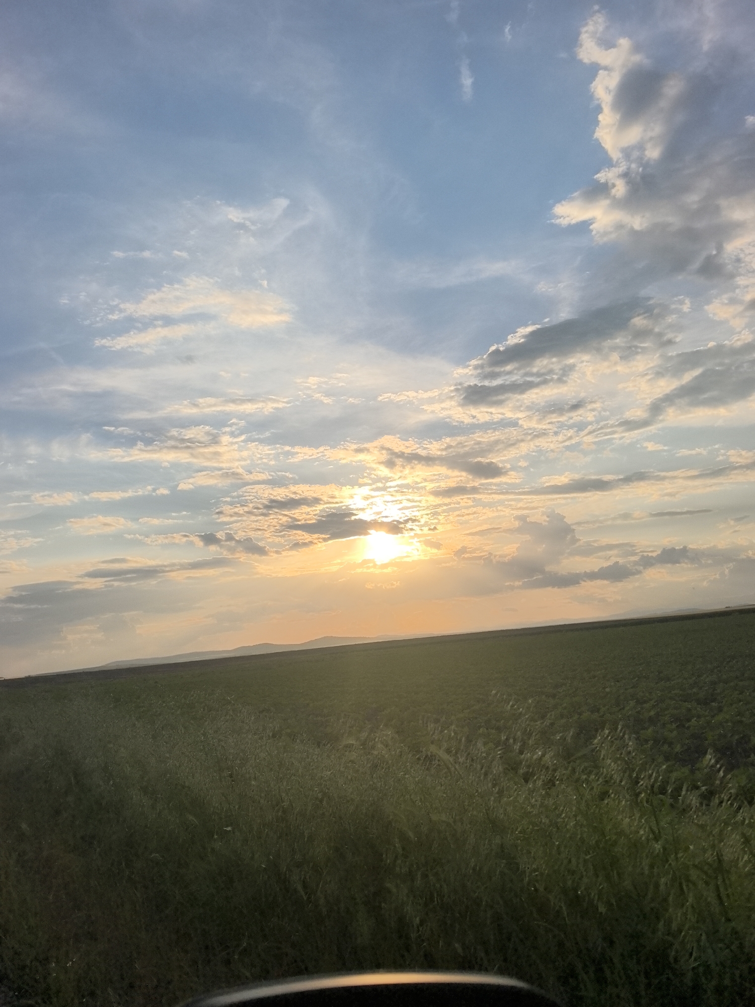 The image shows a sunset over a field in the vicinity of General Inzovo, Bulgaria. The sky is a mix of blue and white clouds, with the sun obscured by some of the clouds, casting a golden light. The field is green, likely planted with crops. In the distance, there is a faint line of hills or mountains. The bottom of the frame shows a portion of a car's interior.