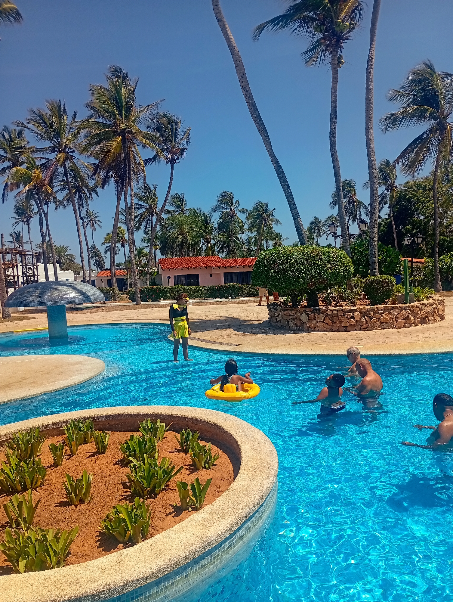 This photo depicts a swimming pool area in Playa El Agua, Venezuela, on a sunny day. Several people are in the pool. One child is in a yellow inflatable ring. A man and two other people are also in the pool. A person in yellow and black clothing stands in the shallow water near a decorative mushroom-shaped water feature. In the foreground, there's a round planter in the middle of the pool filled with plants and soil. Palm trees are visible throughout the scene against a clear blue sky. Buildings with red-tiled roofs are also present in the background.