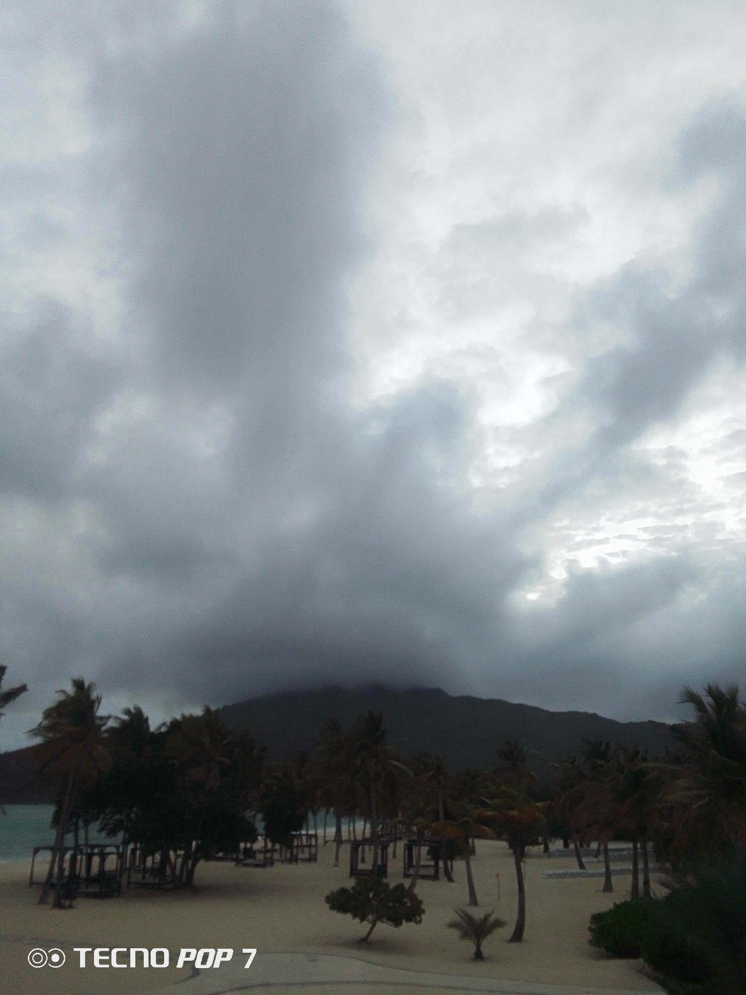 The image displays a coastal scene in Pedro González, Venezuela, under an overcast sky. The upper two-thirds of the frame are dominated by dense, grey cloud formations, exhibiting varying levels of luminosity. A dark mountain range occupies the middle ground, its peaks partially obscured by the low-hanging clouds. Below the mountains, a sandy beach stretches across the lower portion of the image. Numerous palm trees, varying in height and density, are scattered across the sand. Several dark, rectangular framed structures, consistent with beach cabanas or umbrella bases, are visible on the beach. The ocean, appearing a dull blue-green, is present on the left side of the frame. No individuals are visible, and no specific actions or interactions are depicted. The environment is characterized by subdued, diffused lighting. A 'TECNO POP 7' watermark is visible in the lower-left corner.