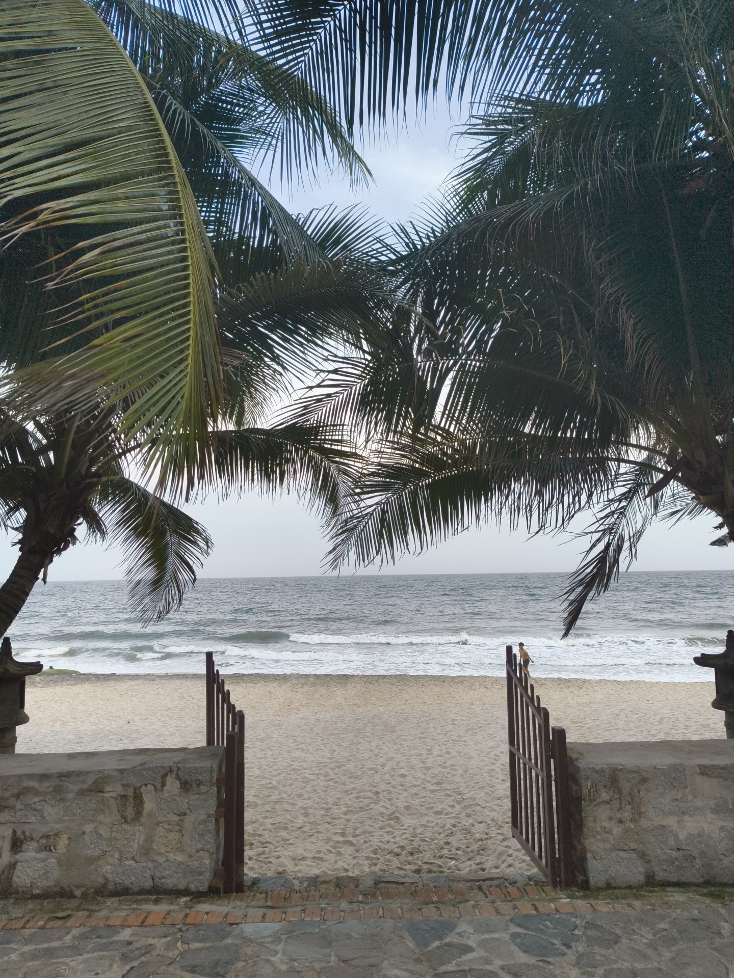 The image depicts a tranquil beach scene, framed by the lush green fronds of two palm trees. In the foreground, a low stone wall with a rustic, weathered appearance leads to an open metal gate. Beyond the gate, a sandy beach stretches towards the sea, where gentle waves are breaking. The ocean appears vast and greyish-blue under an overcast sky. A single person, small in the frame, is visible standing on the open gate, looking out towards the water. The overall atmosphere is serene and peaceful, suggesting a calm day at the coast. The time of day appears to be late afternoon or early evening, given the soft, diffused light. The location cues, such as the palm trees and the presence of a beach, are consistent with a tropical or subtropical coastal environment. There is no visible text in the image. The scene evokes a sense of quiet contemplation and natural beauty.