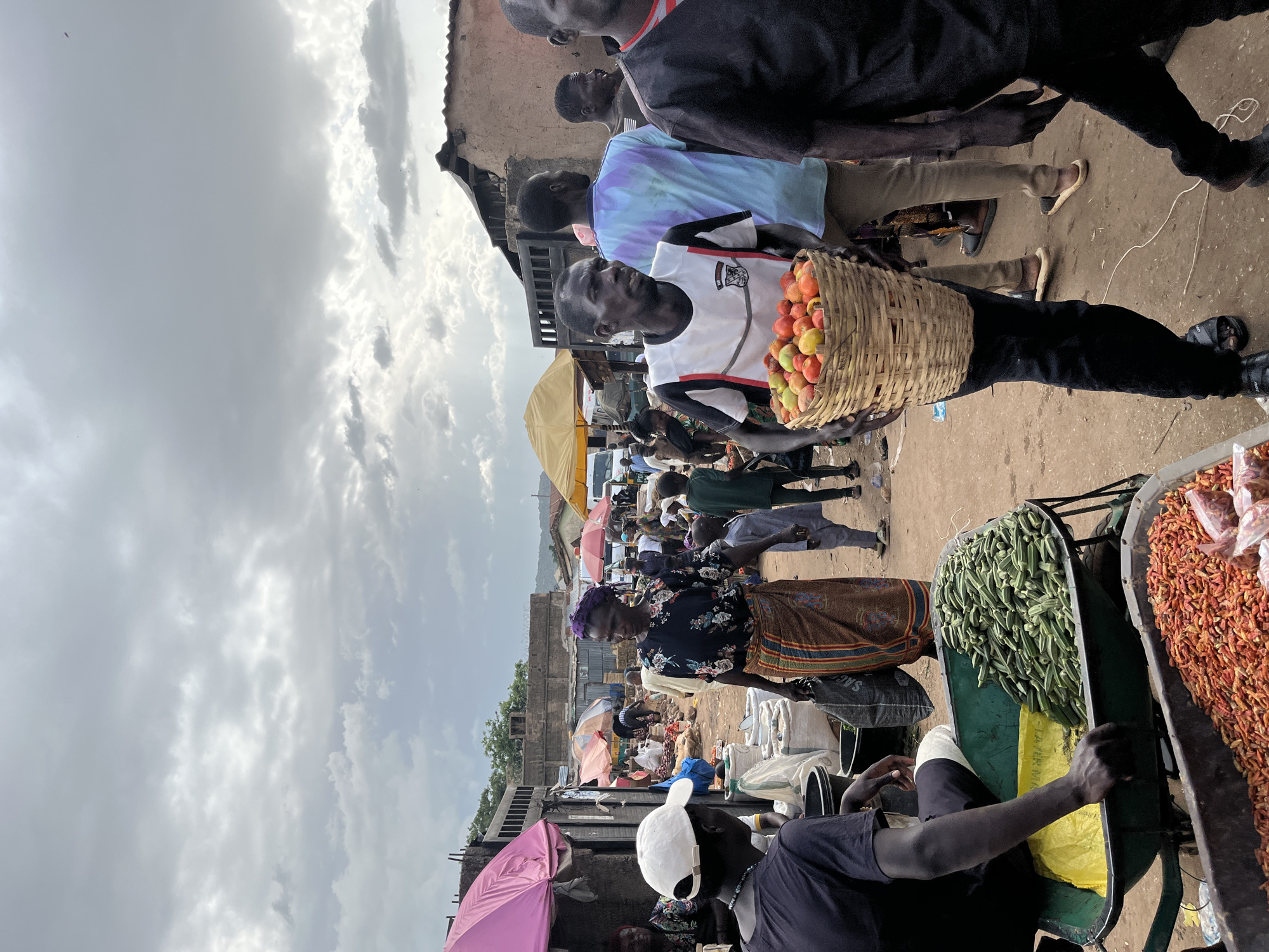 The image depicts an outdoor market scene in Rafin Par, Nigeria. In the foreground, a man wearing a white shirt with black and red accents carries a woven basket filled with tomatoes. To his left, another man in a black t-shirt and white cap sits in a green wheelbarrow laden with okra. In front of the wheelbarrow, a separate container holds a pile of red chili peppers.
A woman in a floral print shirt and a patterned skirt walks past, carrying a black bag. Several other individuals are visible in the background, some browsing stalls and others walking through the market. Umbrellas, including a pink one on the left and a yellow one in the center, provide shade for vendors and shoppers. The market is situated on a dirt ground, with structures and buildings, some appearing to be made of mud brick and corrugated metal, forming the backdrop. The sky is overcast with dramatic cloud formations. The overall atmosphere suggests a bustling marketplace activity.
