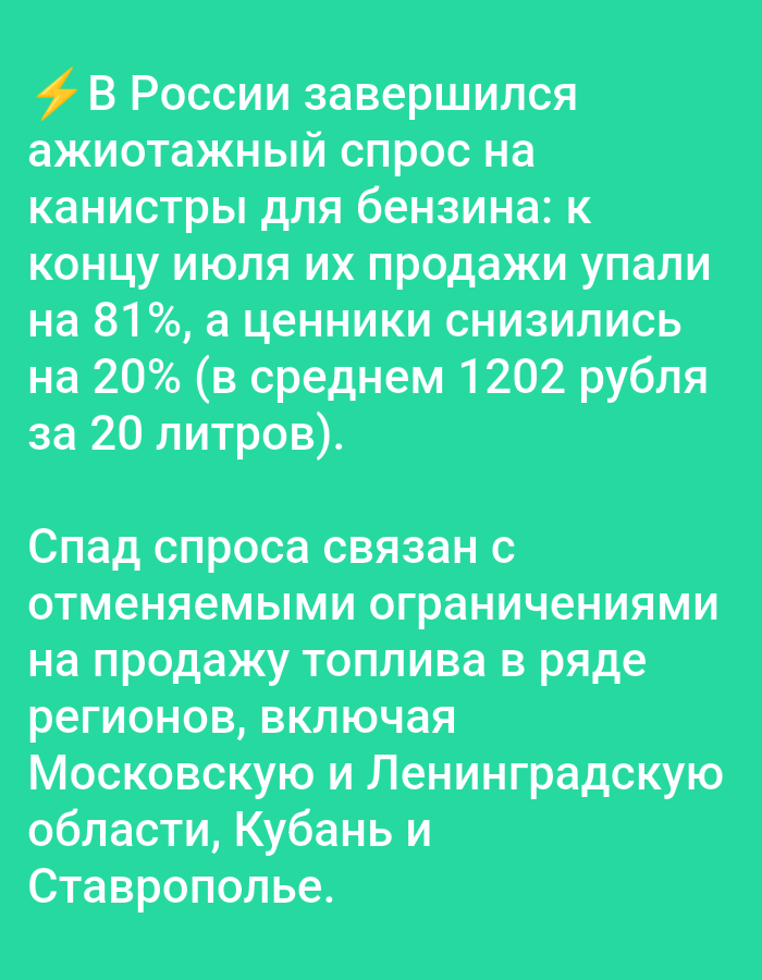 The image displays a green background with white text in Russian. The text discusses a decline in demand for gasoline canisters in Russia, attributing it to the lifting of restrictions on fuel sales in various regions, including Moscow, Leningrad, Kuban, and Stavropol. The text mentions that sales of gasoline canisters fell by 81% by the end of July, and prices decreased by 20%. The image does not contain any information about the city of Bolshiye Dvory, Russia, nor does it depict any people, objects, or actions.