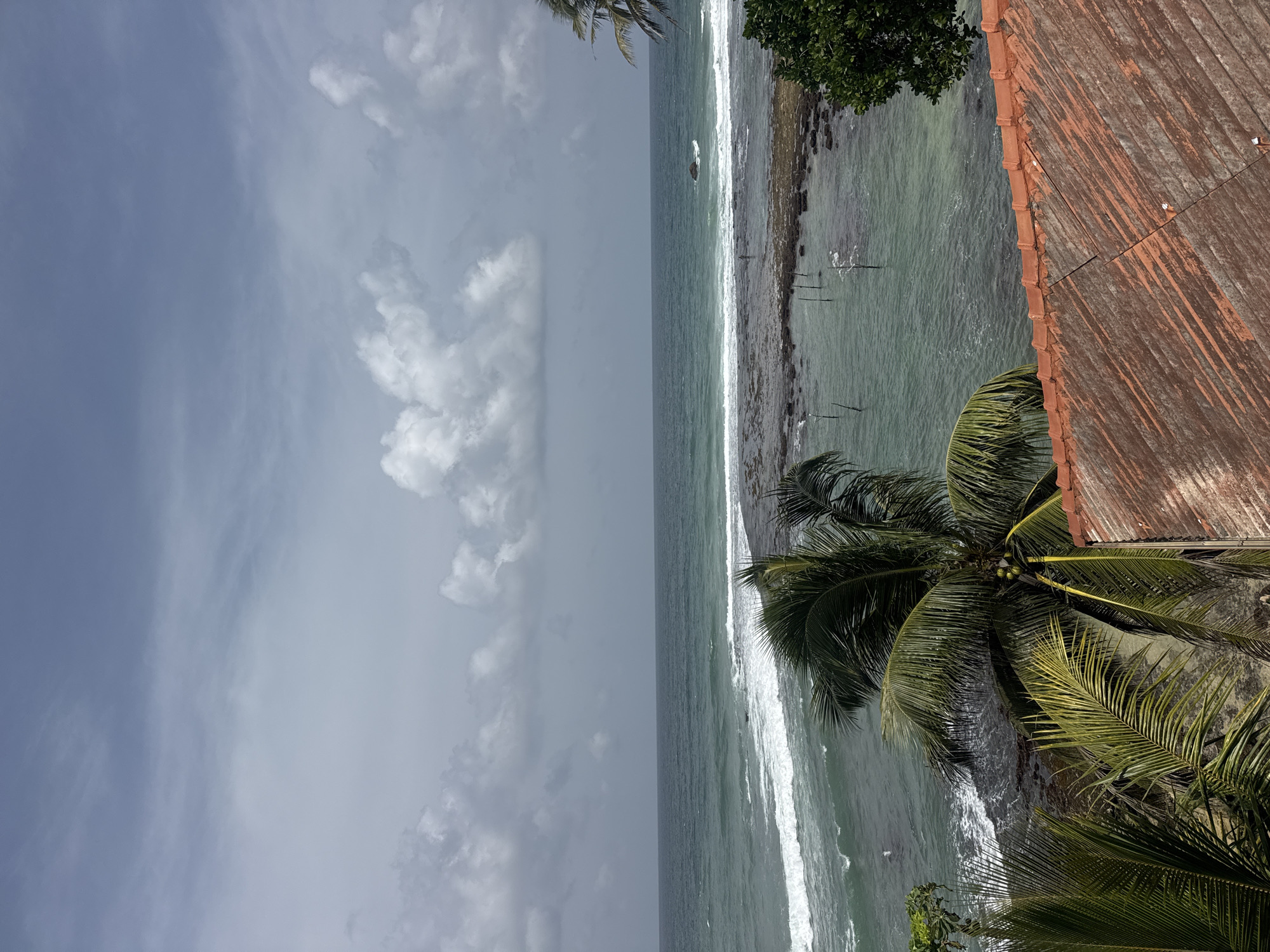 This image captures a coastal scene in Goviyapana, Sri Lanka, under a cloudy sky. In the foreground, a section of a reddish-brown tiled roof is visible, with streaks of weathering and some debris. Lush green palm fronds extend into the frame from the left and right. Beyond the roof and foliage lies a rocky shoreline leading into the ocean. The water is a greenish-blue, with visible waves breaking near the shore. Scattered within the shallow water are several wooden poles, some appearing to be part of a traditional fishing method. A single figure, appearing to be a person, stands in the water amongst the poles. The ocean stretches to the horizon, meeting the overcast sky.