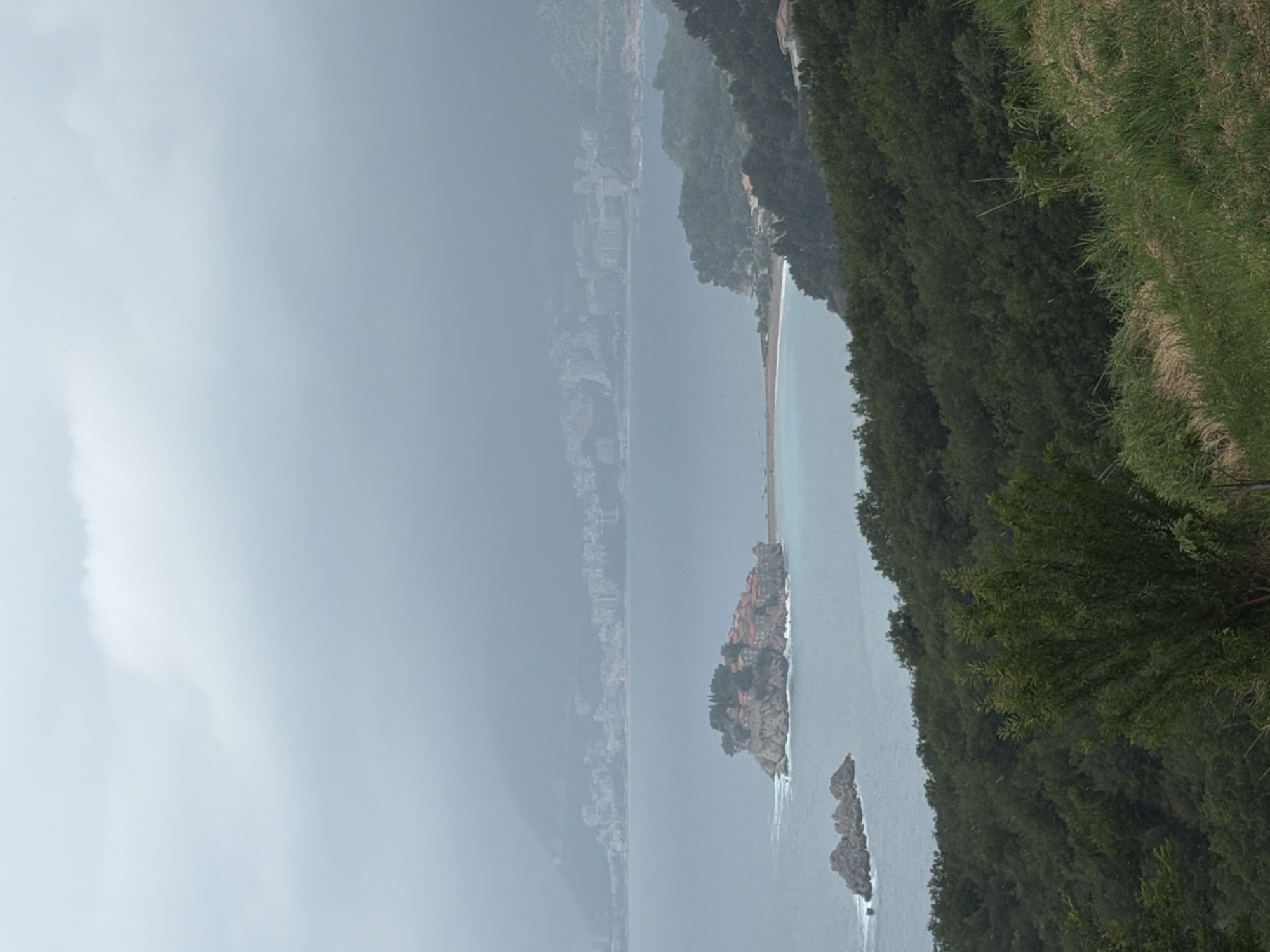 This image captures a panoramic view of Sveti Stefan, Montenegro, under an overcast sky. The prominent subject is the small, fortified island of Sveti Stefan, covered with numerous red-roofed buildings, visible in the middle ground towards the left. A narrow causeway connects the island to the mainland. To the right of the causeway, a slender strip of sandy beach extends along the coast.
The foreground on the right is dominated by a lush, green hillside covered with dense trees and patches of grass, indicating the elevated viewpoint from which the photograph was taken. The sea, appearing a muted blue-grey due to the lighting, surrounds the island and coastline. In the distance, along the far horizon, a long stretch of coastline with numerous buildings and settlements can be seen, partially obscured by atmospheric haze. Two smaller, rocky islets are visible in the water in front of the main Sveti Stefan island. The sky is largely covered by uniform, light grey clouds, suggesting an overcast day with soft, diffused light. No specific activity or individuals are discernible, and no text is visible.