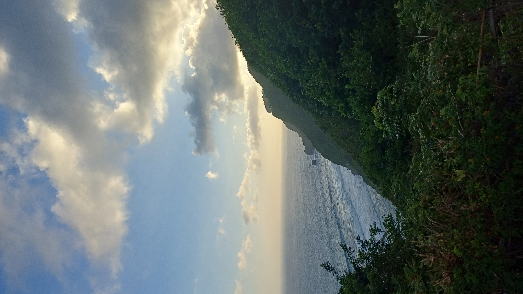 The image depicts a coastal scene in Kuta Selatan, Indonesia, with a prominent cliff face covered in dense green vegetation on the right side. To the left, the sky is visible, featuring a mix of blue sky and partly cloudy conditions. The ocean stretches from the cliff's base to the horizon, its surface showing subtle wave patterns. The light suggests it is either sunrise or sunset, casting a golden hue over the horizon line and the ocean's surface.
