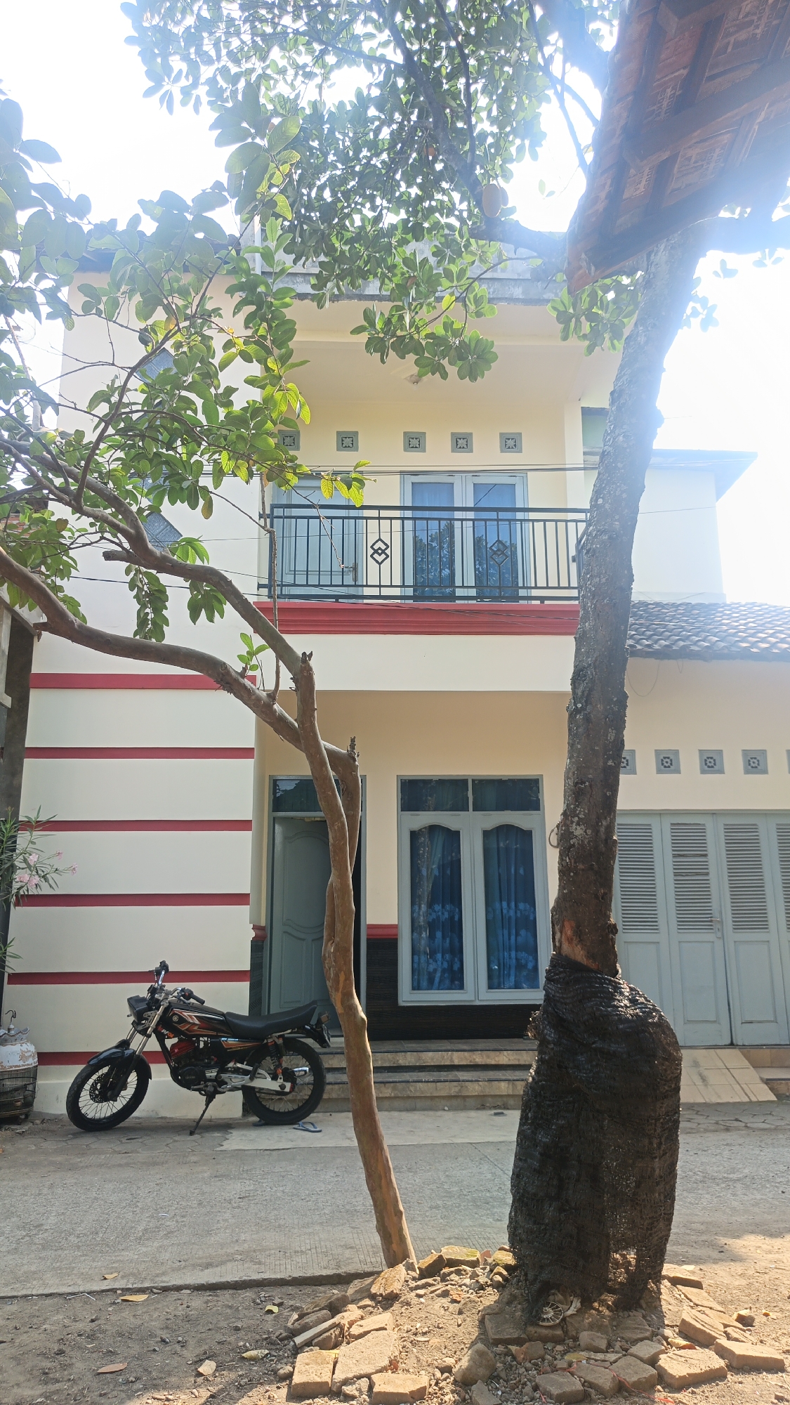 In Bulungcangkring, Indonesia, a motorcycle is parked in front of a two-story building. The building has a cream-colored facade with red and white horizontal stripes on the lower level. The ground floor features a gray door and two windows with blue floral curtains. A balcony with a black railing is visible on the second floor, above the windows. The area is outdoors, with a paved surface in the foreground. Two trees are present: a slender, light-brown tree in the middle ground and a larger, darker tree with some sort of dark material wrapped around its base on the right. The sky is bright, suggesting daytime.