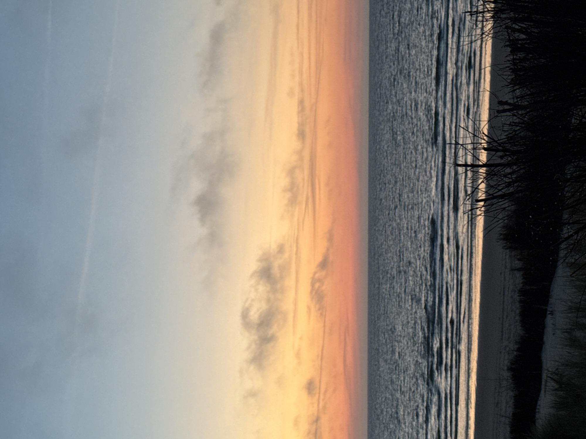 This is a photograph of a beach on the island of Langeoog, Germany, during either sunrise or sunset. The sky is a gradient of colors, transitioning from a pale blue at the top to orange and pink hues near the horizon. Wispy clouds are visible in the sky, catching the light. The sea is calm with gentle waves, reflecting the colors of the sky. The foreground shows a dark silhouette of dune grass and beach vegetation, with sand visible in patches. The overall mood is serene and tranquil.