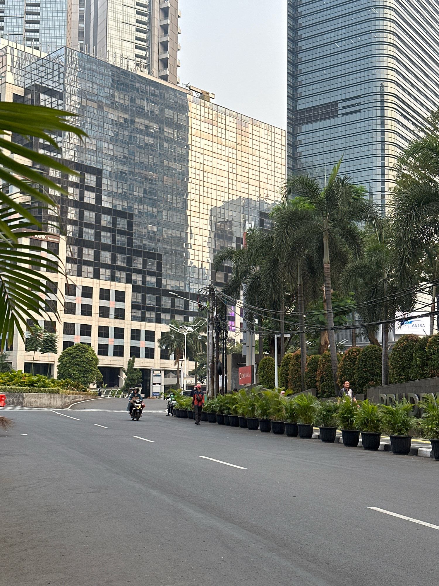 The image depicts a street scene in Jakarta, Indonesia. In the foreground, a paved road with white lane markings curves to the left. Two motorcycles with riders are traveling on the road. On the right side of the road, a row of potted green plants is lined up, with a few individuals standing or walking behind them. In the background, modern skyscrapers with glass facades dominate the skyline. Palm trees are visible interspersed with the buildings and in front of the planters. A sign with "ASTRA" is visible on one of the buildings. The sky is overcast. The buildings suggest a commercial or business district.