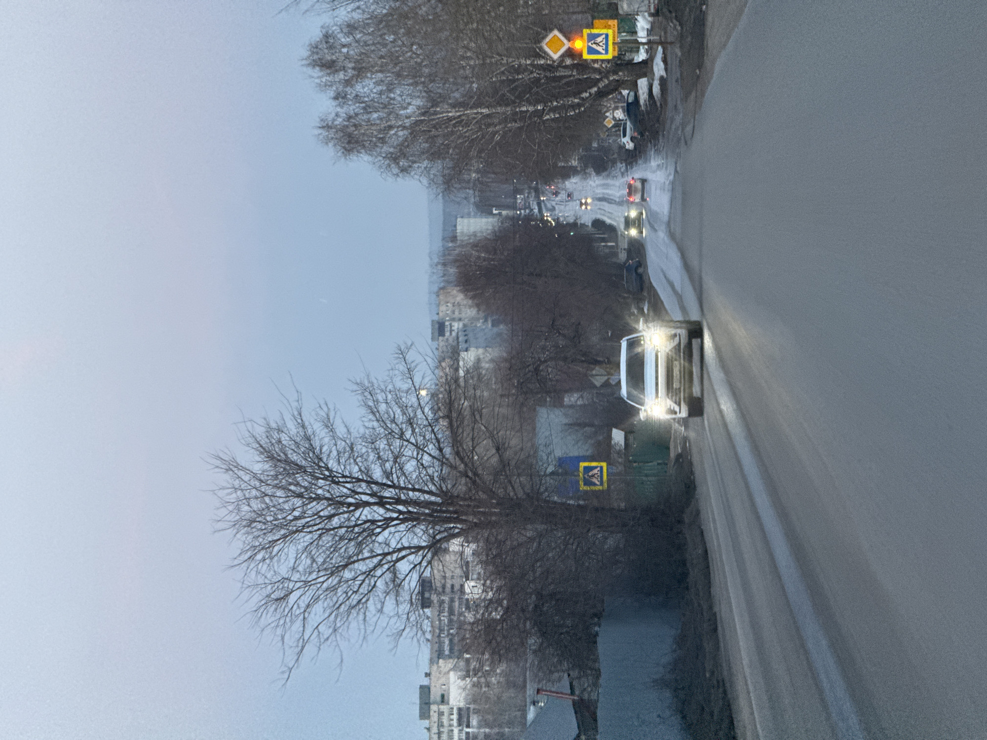 The image depicts a street in Chaikovsky, Russia, likely in a residential or mixed-use area. It is a winter scene, indicated by bare trees and what appears to be snow or ice on the road. A car with headlights on is driving on the road. Two pedestrian crossing signs are visible along the road. Buildings are visible in the background, suggesting an urban environment. Other cars are visible in the distance. The sky is overcast.
