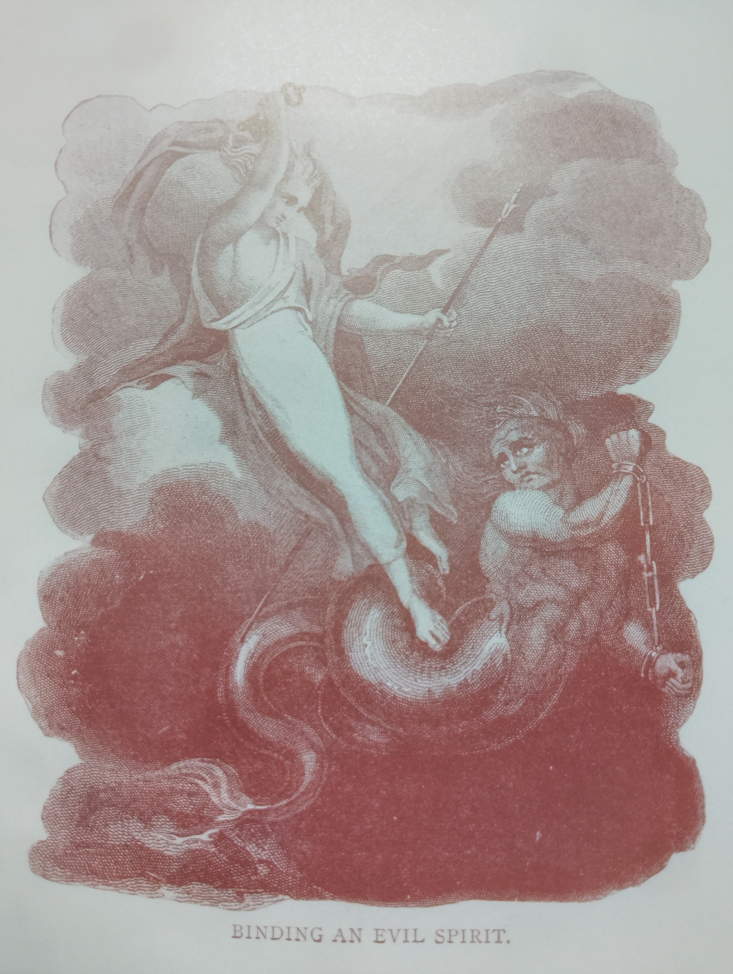 The image is an illustration titled "BINDING AN EVIL SPIRIT." It depicts a mythological scene rendered in a sepia tone. At the top, a female figure, likely a deity or angel, is shown descending from the clouds, holding a staff or spear. She is draped in flowing robes and appears to be in a powerful, dynamic pose. Below her, to the right, a male figure is depicted, bound by chains. He has a distressed or defiant expression and appears to be struggling. The background consists of swirling clouds and a circular, serpentine form beneath the female figure, suggesting a struggle or subjugation. The overall mood is dramatic and allegorical.
This image is an artwork and does not depict any specific location in Alagbado, Nigeria, or any other real-world place. Its content is symbolic and fantastical.