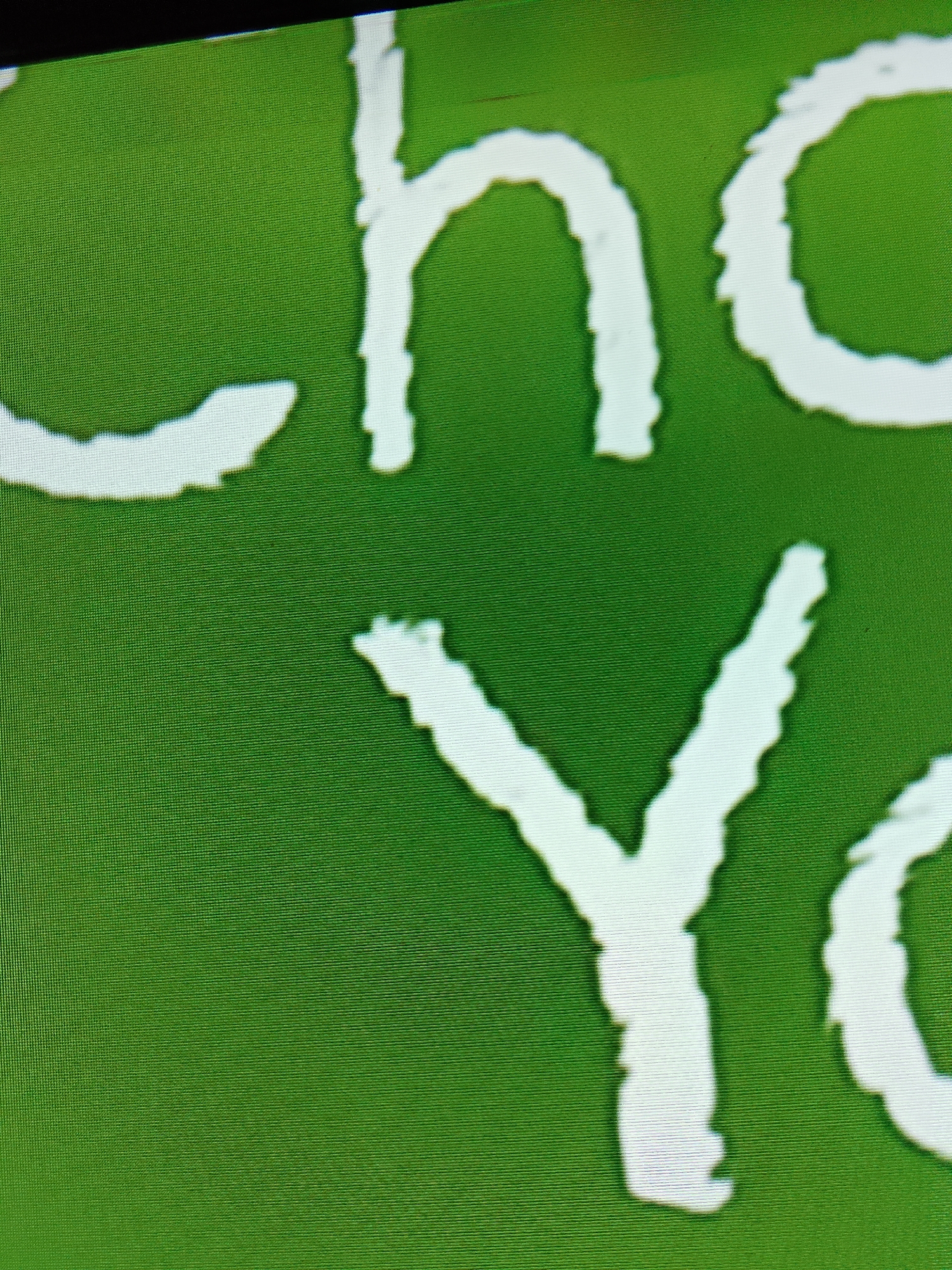 The image is a close-up of white lettering on a green background. The letters appear to be part of a phrase or word, with the visible parts showing "ho" and "YO". The lettering is stylized and slightly blurred, suggesting it is a photograph of a screen or display. The green background has a textured appearance, possibly indicating a fabric or a digital screen. There is no visible indication of the city of Merbopuntong, Indonesia, in the image. The image is purely a visual depiction of text.
