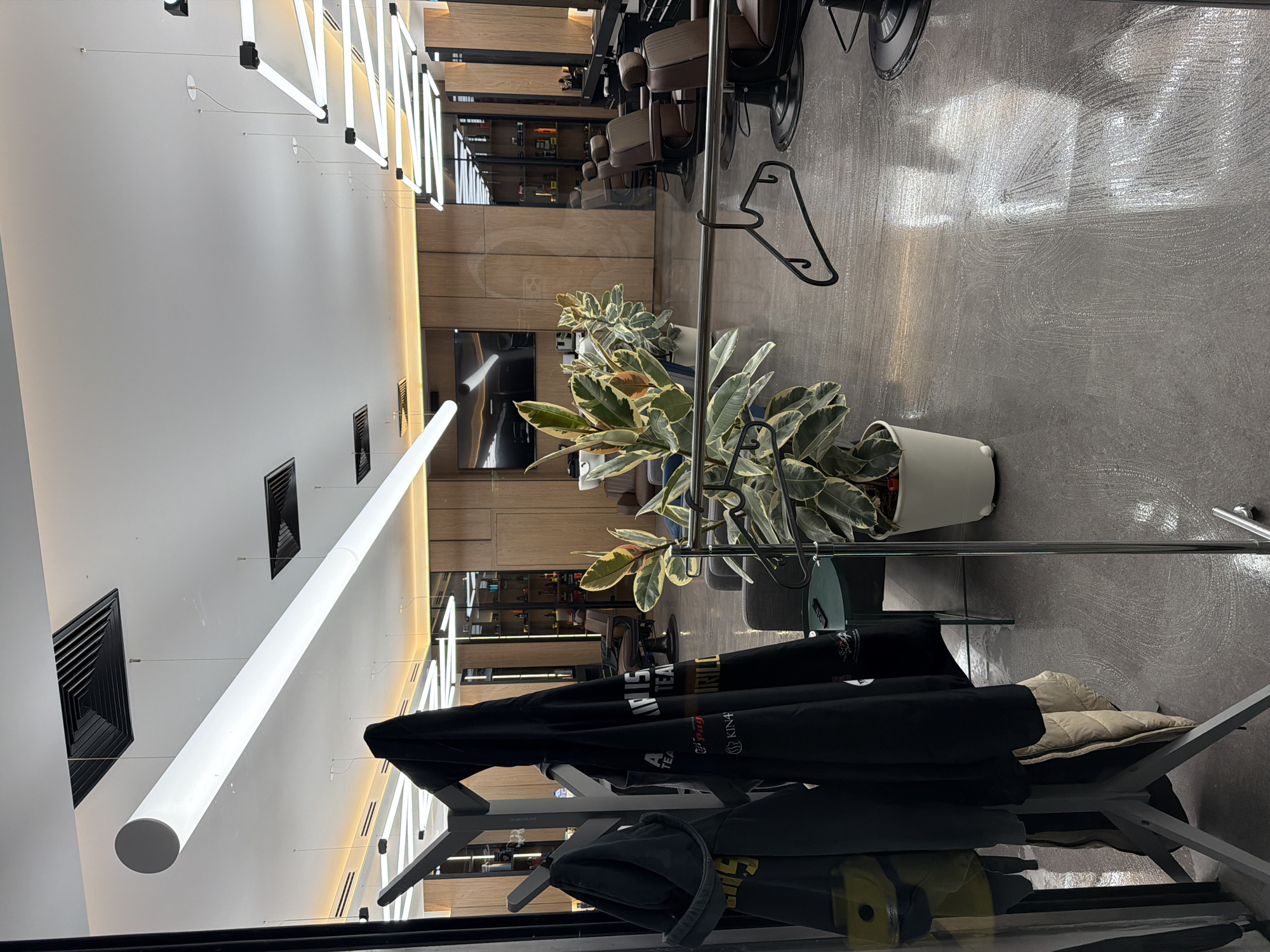 The image depicts the interior of a modern barbershop, likely located in Sofia, Bulgaria. The space features a sleek, contemporary design with polished concrete floors, wood-paneled walls, and an abundance of linear lighting fixtures. In the foreground, a rack with coats hangs, and a large potted Ficus tree adds a touch of greenery. The mid-ground reveals rows of vintage-style barber chairs, some of which are occupied by clients or barbers, suggesting active business. The background showcases shelving units filled with grooming products, further emphasizing the establishment's purpose. A large television screen is mounted on the wall, and the overall ambiance suggests a professional and upscale grooming salon.