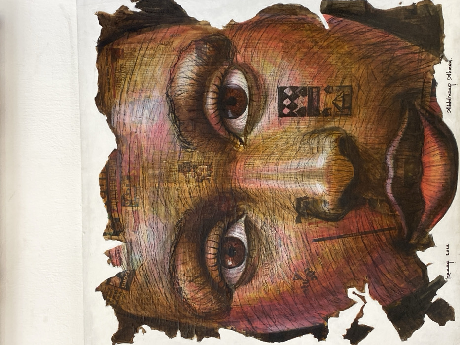 This image captures a mixed-media artwork, a portrait of a human face, located in Ikate, Nigeria. The artwork features a stylized face, appearing to be that of an African woman, constructed from a collage of torn paper segments bearing visible text and patterns, overlaid with drawing and paint. The complexion is rendered in earthy tones of brown, orange, and red, exhibiting a textured surface from fine lines. The subject's dark brown eyes gaze directly forward. A thin, dark vertical line is present on the viewer's left cheek. On the viewer's right cheek, a rectangular motif displays a checkerboard pattern atop a silhouette resembling a building. The edges of the portrait are irregular and jagged, set against a plain white background. Signatures "Razaq 2022" and "Abdulrazaq Ahmed." are visible at the bottom of the artwork.
