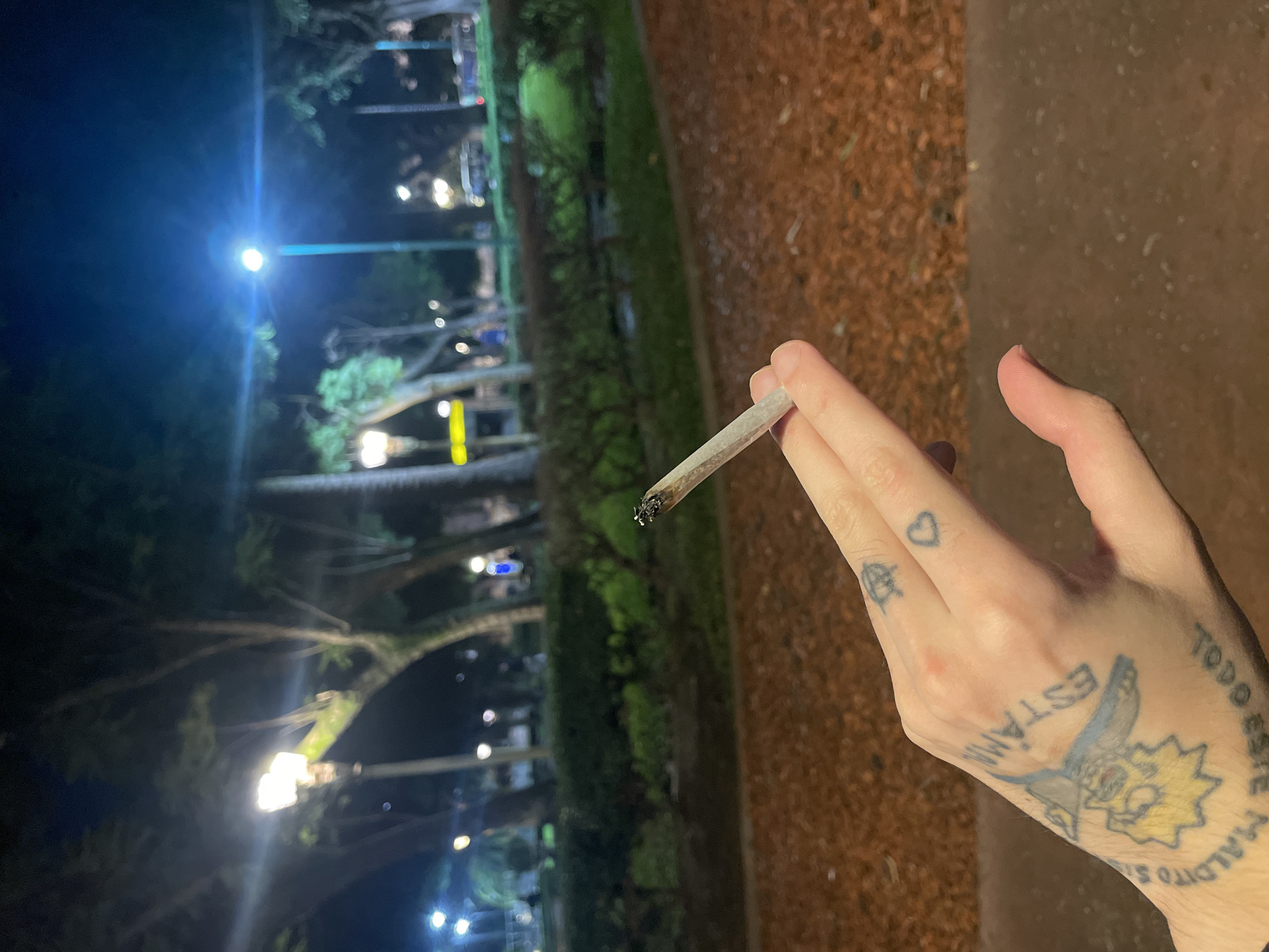 A person is holding a lit cigarette in their right hand with multiple tattoos on their hand, including a heart, the face of Lisa Simpson from The Simpsons, and text in Spanish. The background shows a nighttime scene of a park in Buenos Aires, Argentina, illuminated by street lights. There are trees and some greenery visible in the background. The ground to the right of the hand appears to be a paved surface.