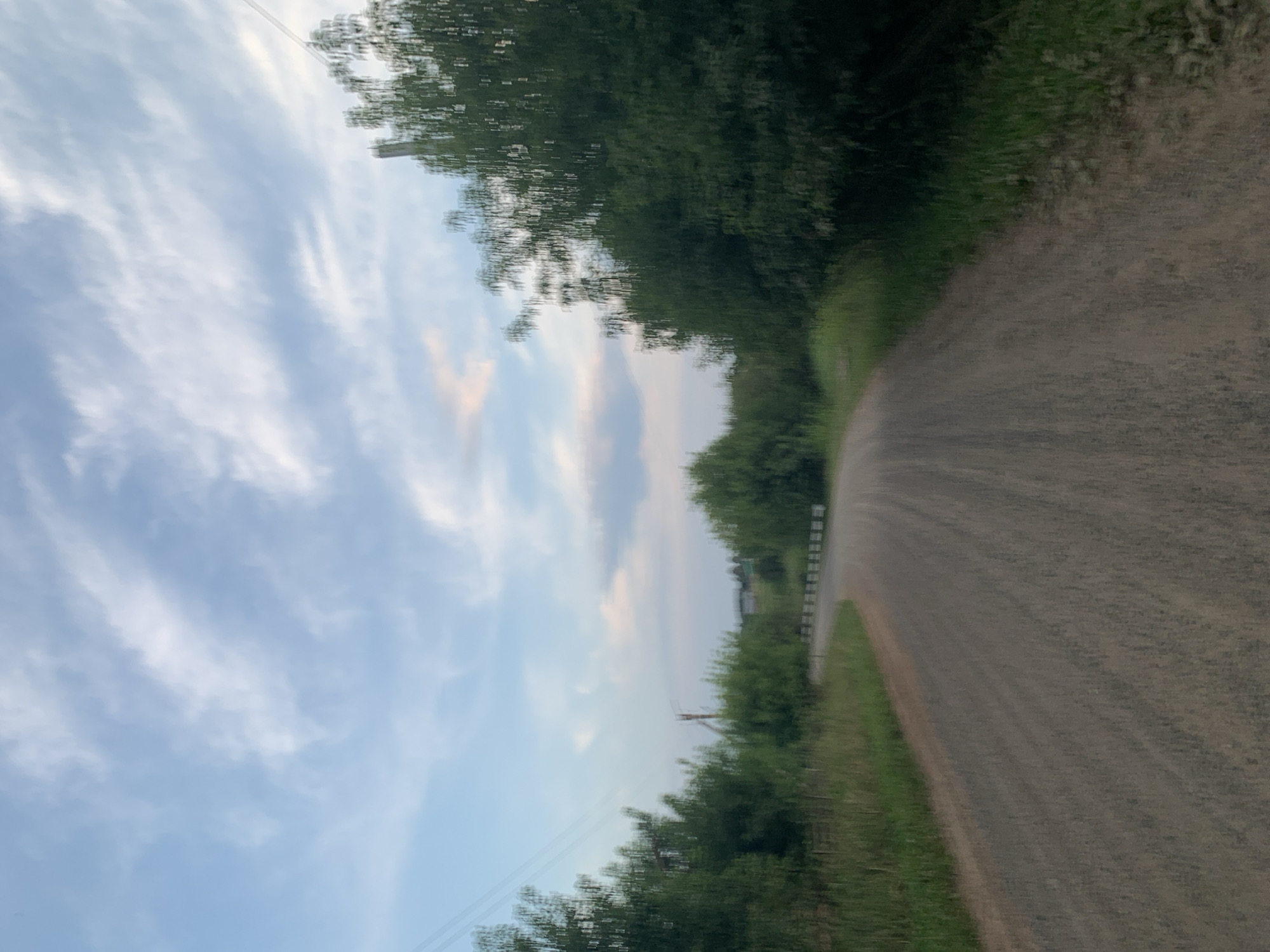 The image depicts a dirt road curving through a rural landscape, likely in Panteleevka, Russia. On the right side of the road, a dense cluster of green trees dominates the foreground, with their foliage blurred due to motion. The left side of the road is bordered by a grassy embankment and more trees. In the distance, the road continues to curve and leads towards a sparsely populated area with indications of buildings and vegetation. A white and black striped barrier is visible on the right side of the road in the mid-ground, suggesting a potential hazard or intersection. The sky above is a pale blue with streaks of white and pinkish clouds. A power line can be seen running from the upper left of the frame towards the distance. The overall impression is that of a serene, possibly late afternoon or early evening scene in a rural setting.