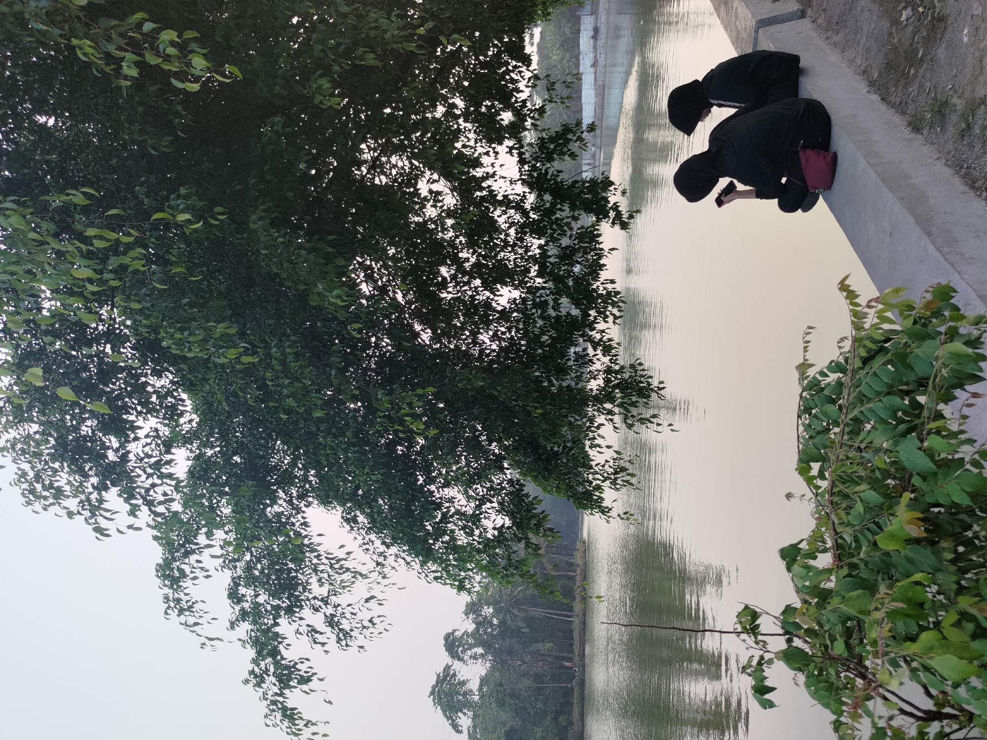 Two individuals in black hijabs sit on a concrete embankment overlooking a body of water, with one individual holding a mobile phone. The scene is set in Depok, Indonesia, under the canopy of a large, leafy tree. The water reflects the overcast sky and the surrounding greenery, suggesting a calm, possibly late afternoon atmosphere. In the distance, trees line the far bank of the water. A small, dark red bag rests on the embankment beside the individuals.