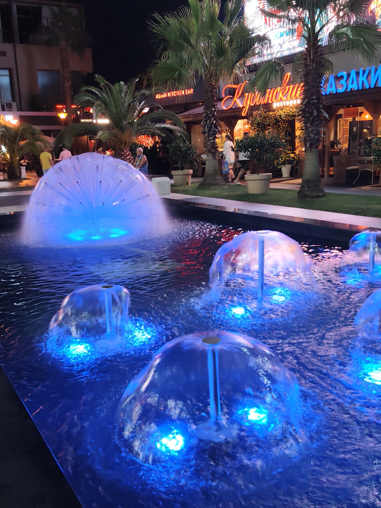 In Sochi, Russia, this image captures a nighttime scene in an outdoor commercial area, likely a promenade or pedestrian street. A modern fountain with multiple water jets and blue LED lighting dominates the foreground. The water sprays upward and outward, creating dynamic shapes that are illuminated by the underwater lights.
In the background, several palm trees stand tall, their fronds silhouetted against the night sky. Behind the trees, buildings with illuminated signage are visible. One sign, in red neon script, appears to read "Кучинские рестораны" (Kuchinskie restaurants). Another sign, in blue, reads "ЗАКАЗИ" (ZAKAZI, likely part of a longer word like "заказывать" meaning "to order"). A sign reading "ASIAN KITCHEN BAR" is also visible.
Several people are present in the scene, though their interactions are not clearly defined. Some are walking, while others appear to be standing or seated. One individual in the foreground is partially visible, looking towards the fountains. The overall ambiance is lively and atmospheric, suggesting a popular entertainment or dining district. The water in the fountain is dark and reflects the blue and red lights, creating a vibrant and energetic visual.