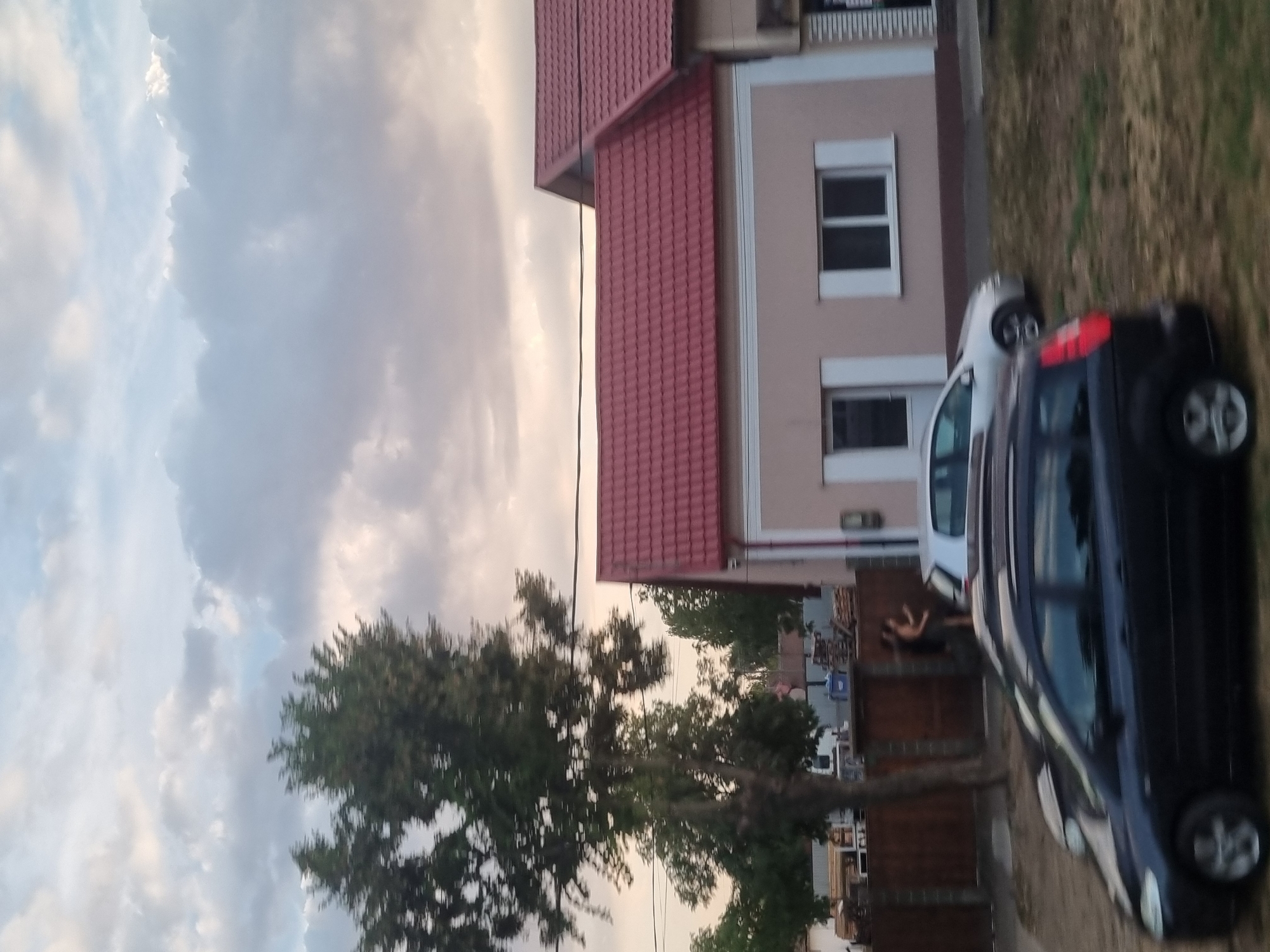 In Salonta, Romania, a residential scene unfolds under a cloudy sky. Two individuals, a woman and a man, are captured in motion near a wooden fence. In the foreground, a dark-colored car is parked, with a lighter-colored car positioned behind it. Adjacent to the parked cars is a building with a pink facade and a red tiled roof, featuring two windows. Further in the background, another building with a red tiled roof is visible. The environment includes trees and scattered building materials.