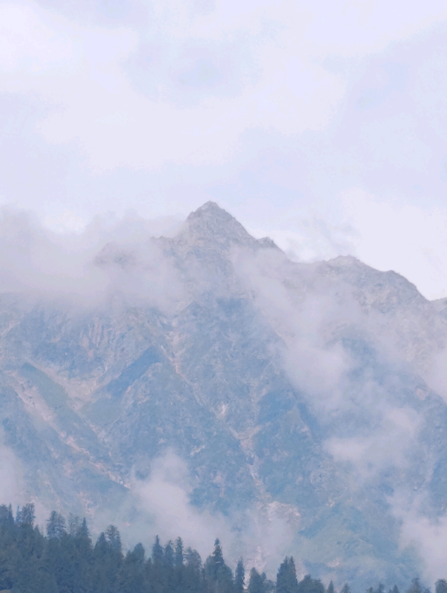 A misty view of mountains with a forest in the foreground is shown. The mountains are shrouded in clouds, making it difficult to discern fine details, but their rocky, rugged texture is apparent. A line of evergreen trees forms a dark silhouette against the lighter background of the mountains and sky. The sky is overcast and appears to be a pale, hazy blue. The overall impression is one of a serene, natural landscape. This is a view of the mountains near Vashisht, India.