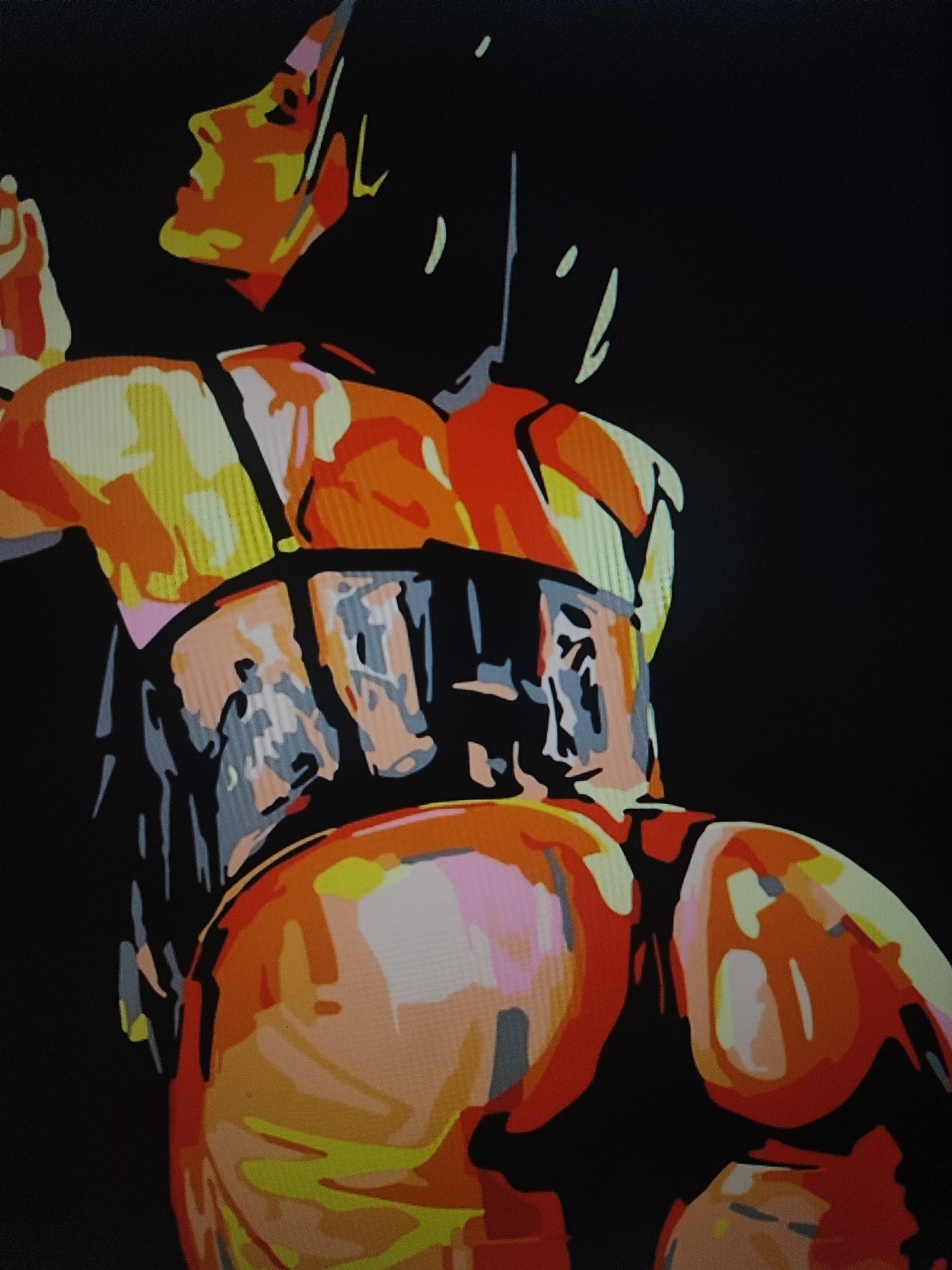 The image displays a digitally rendered portrait of a person from the back, with their head turned to the side in profile. The artwork uses a limited color palette of black, orange, yellow, pink, and gray, with distinct areas of flat color and sharp lines, resembling a pop art or graphic novel style. The subject is wearing a black corset-like garment that cinches the waist and extends upwards. The background is solid black. There is no indication of the city of Fergana City, Uzbekistan, or any specific urban environment in this image. The scene is an isolated portrait without any contextual information about its location.